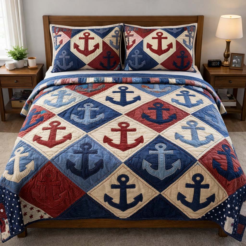 Coastal Anchor Quilted Bedding Set Best King Bed Sheets Gifts With Anchors On Them