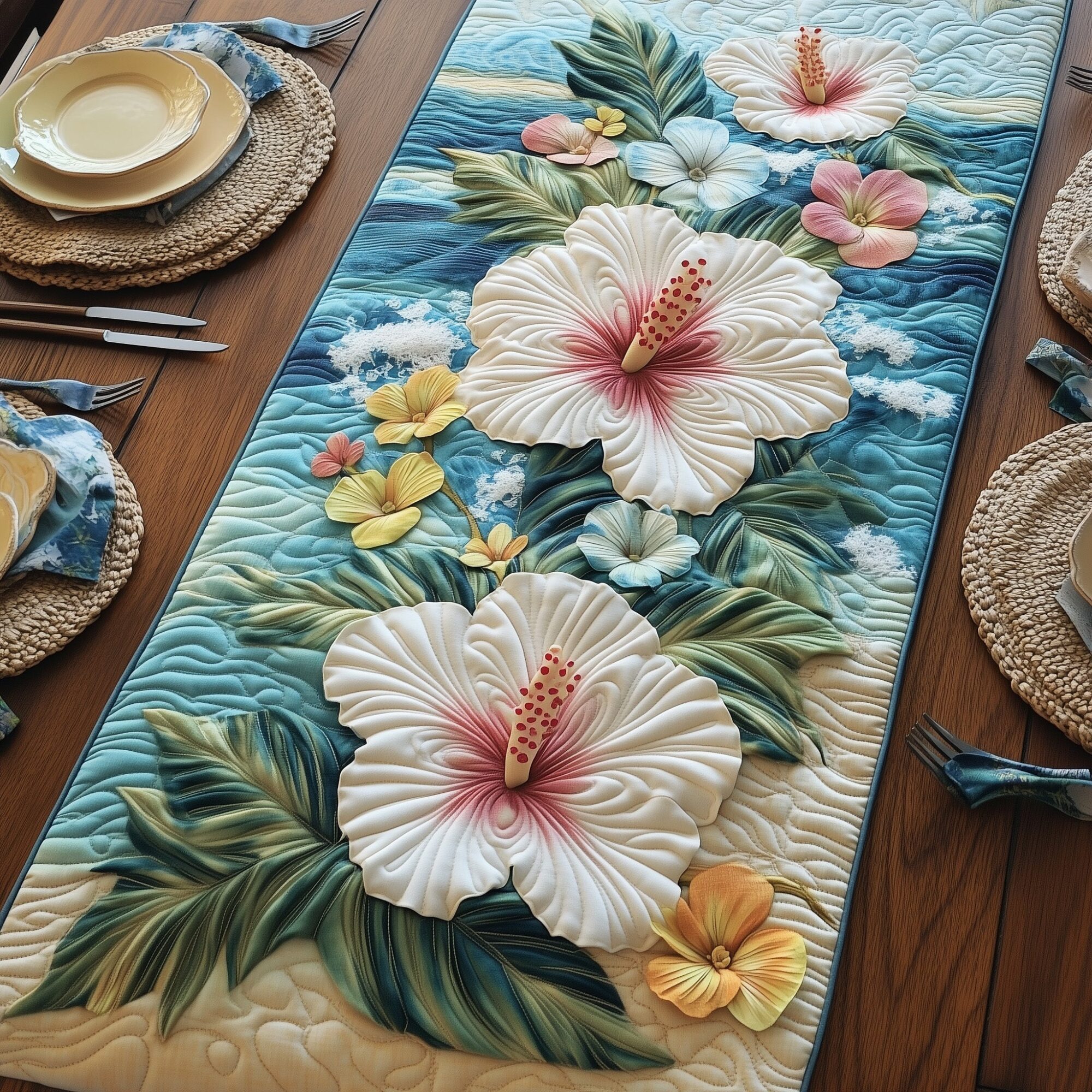 Coastal Hibiscus Paradise Quilted Table Runner Hawaii Table Runner Cool Mothers Day Gifts