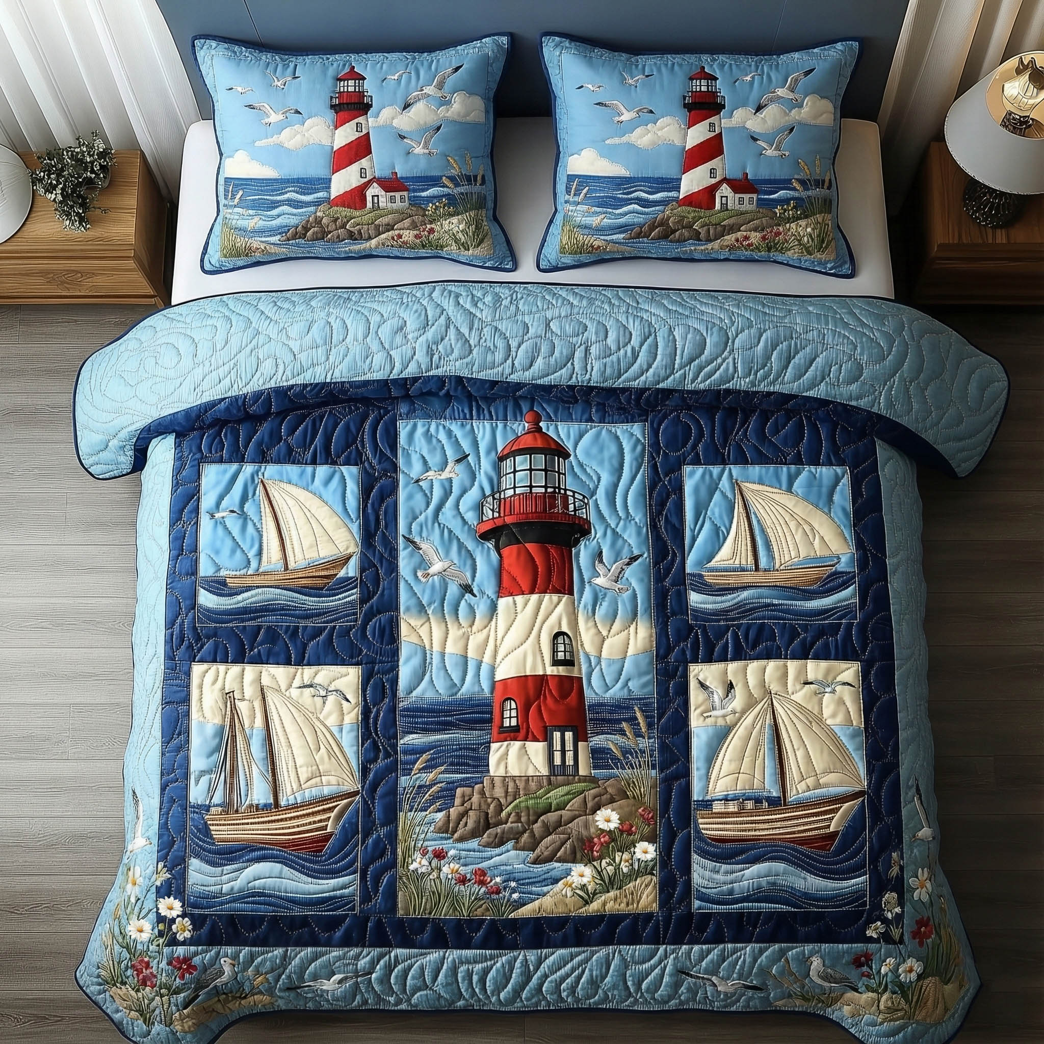 Coastal Patchwork Quilted Bedding Set Bed Comforter Sets Lighthouse Gifts For Women