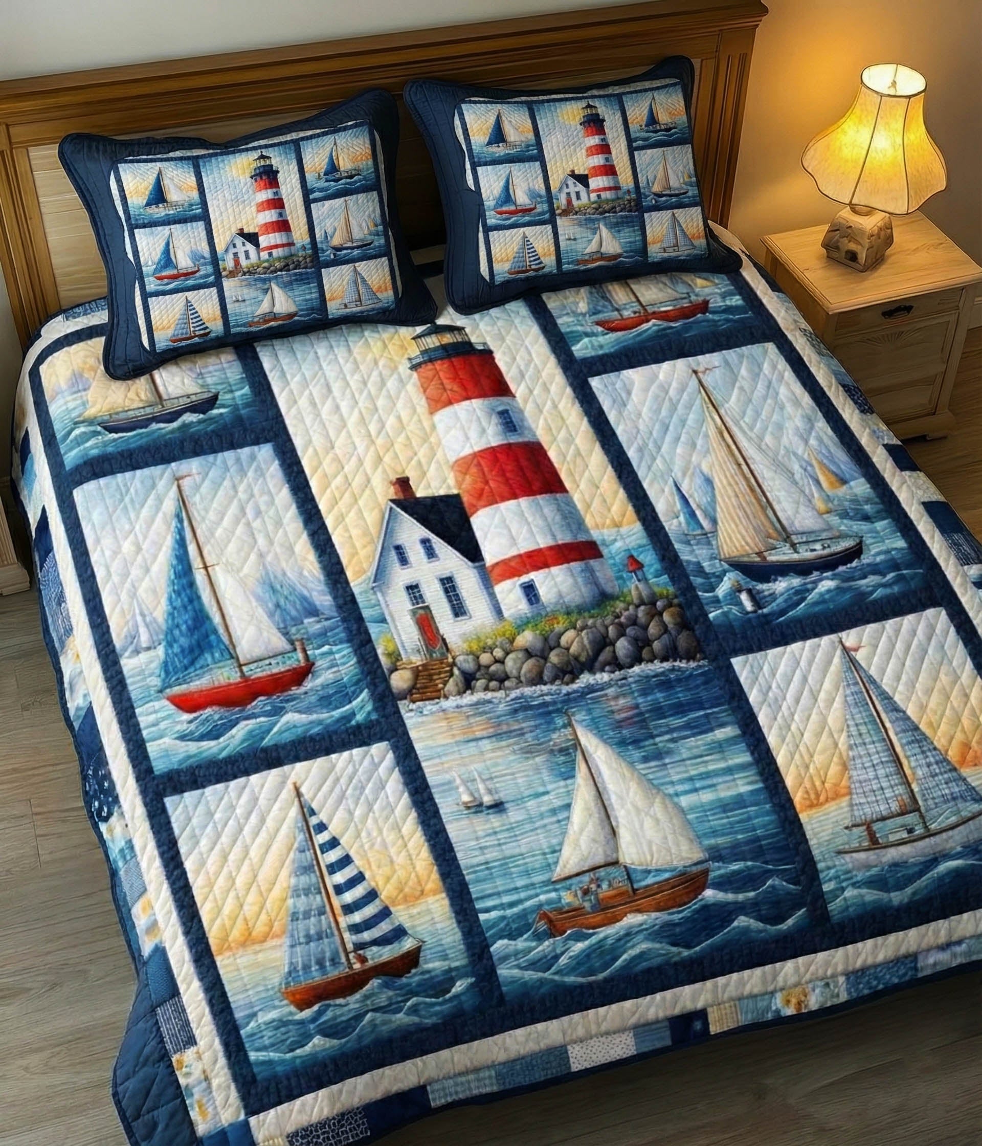 Coastal Patchwork Quilted Bedding Set Bedroom Ideas Best Lighthouse Gifts