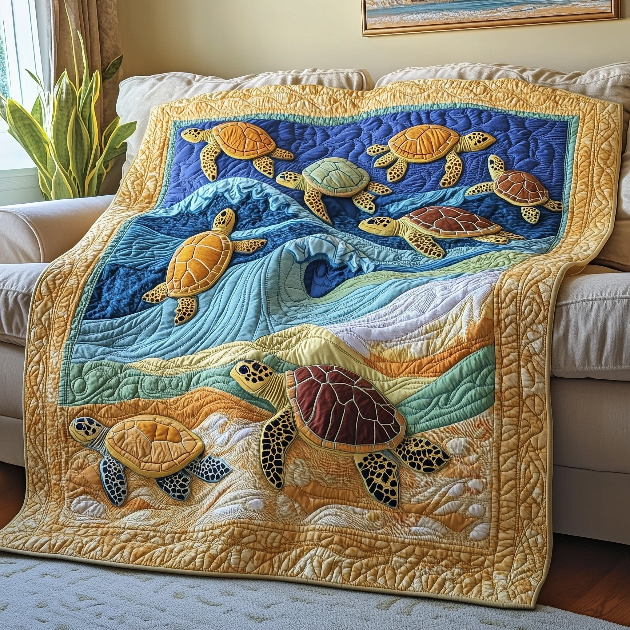 Coastal Turtle Haven Quilted Blanket Holiday Bedroom Decor Mother Day's Gift Ideas