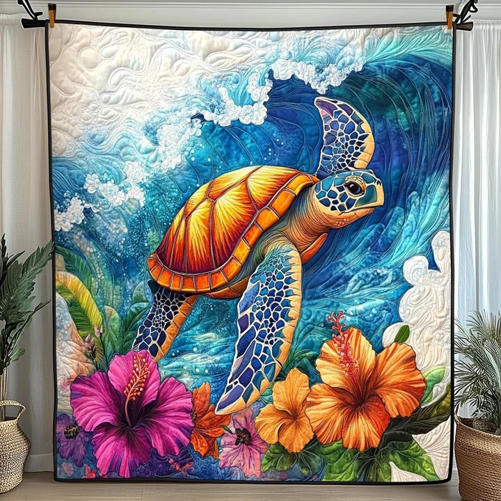 Coastal Turtle Haven Quilted Blanket Summer Bedroom Decorations Grandma Turtle Gift Ideas