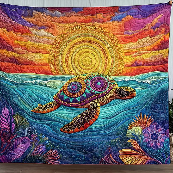 Coastal Turtle Haven Quilted Blanket Summer Inspired Bedroom Grandma Turtle Gift Ideas