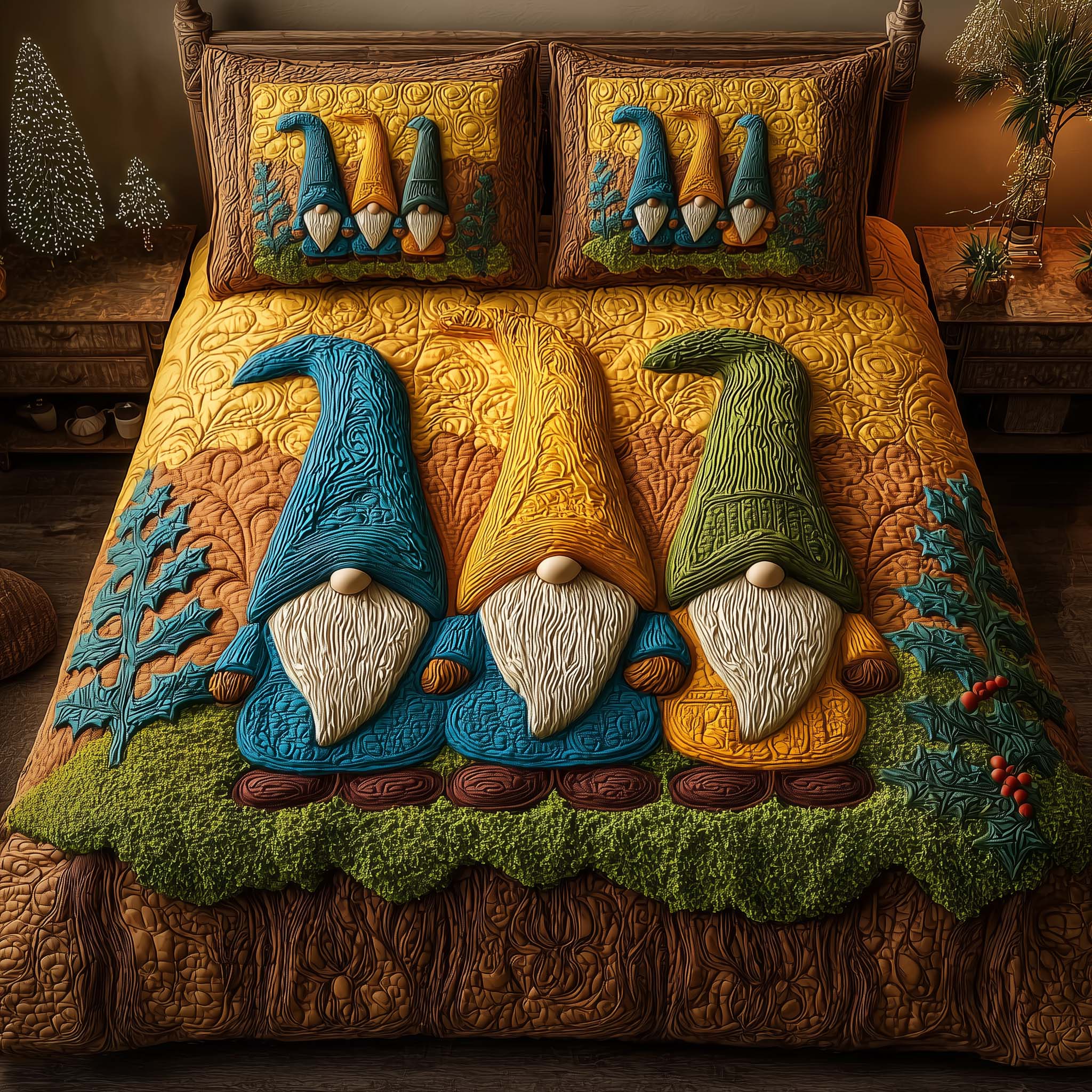 Colorful Gnomes Quilted Bedding Set Christmas Bedding On Sale Gnome Presents