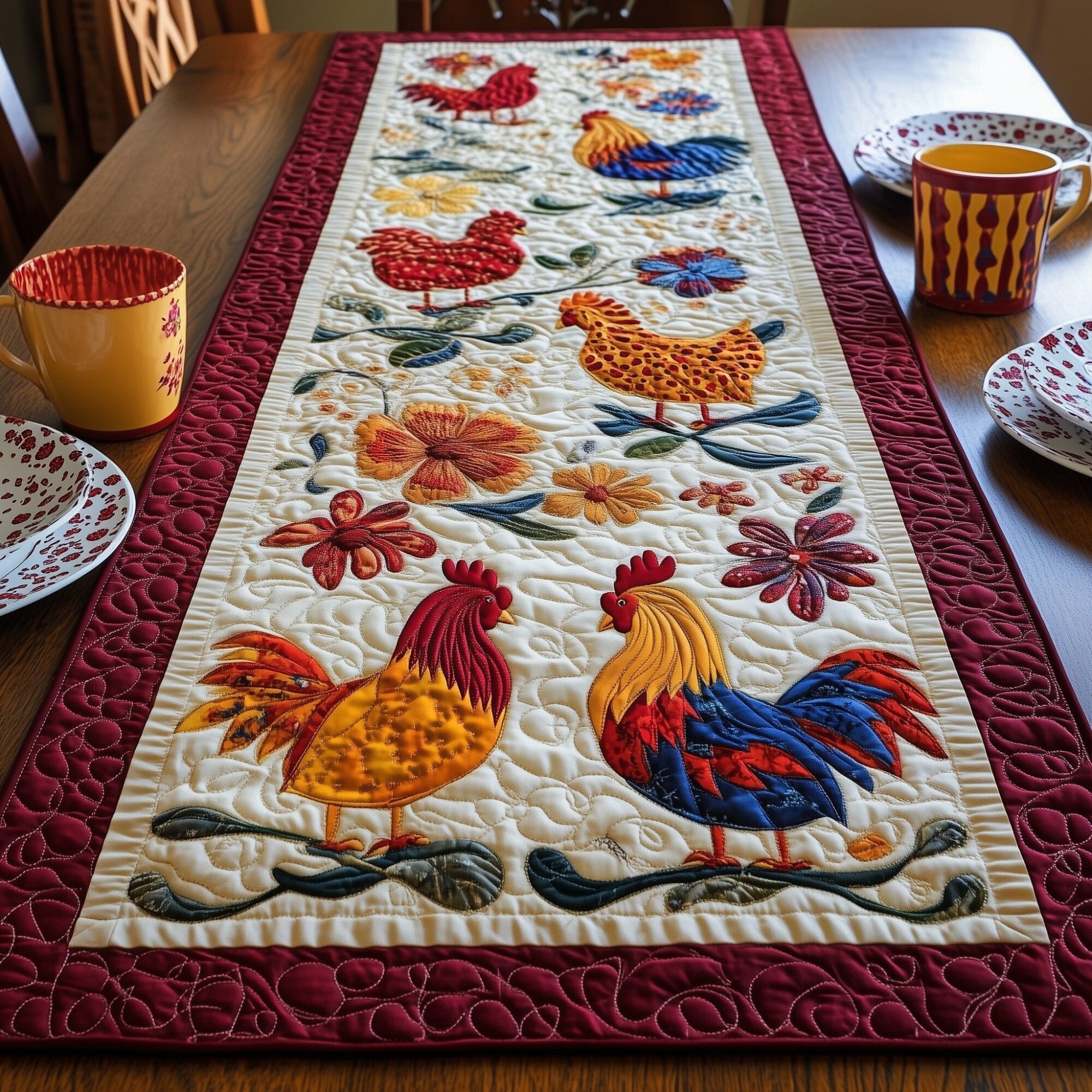 Colorful Rooster Patch Quilted Table Runner Dining Table Decor Ideas Presents For Chicken Owners