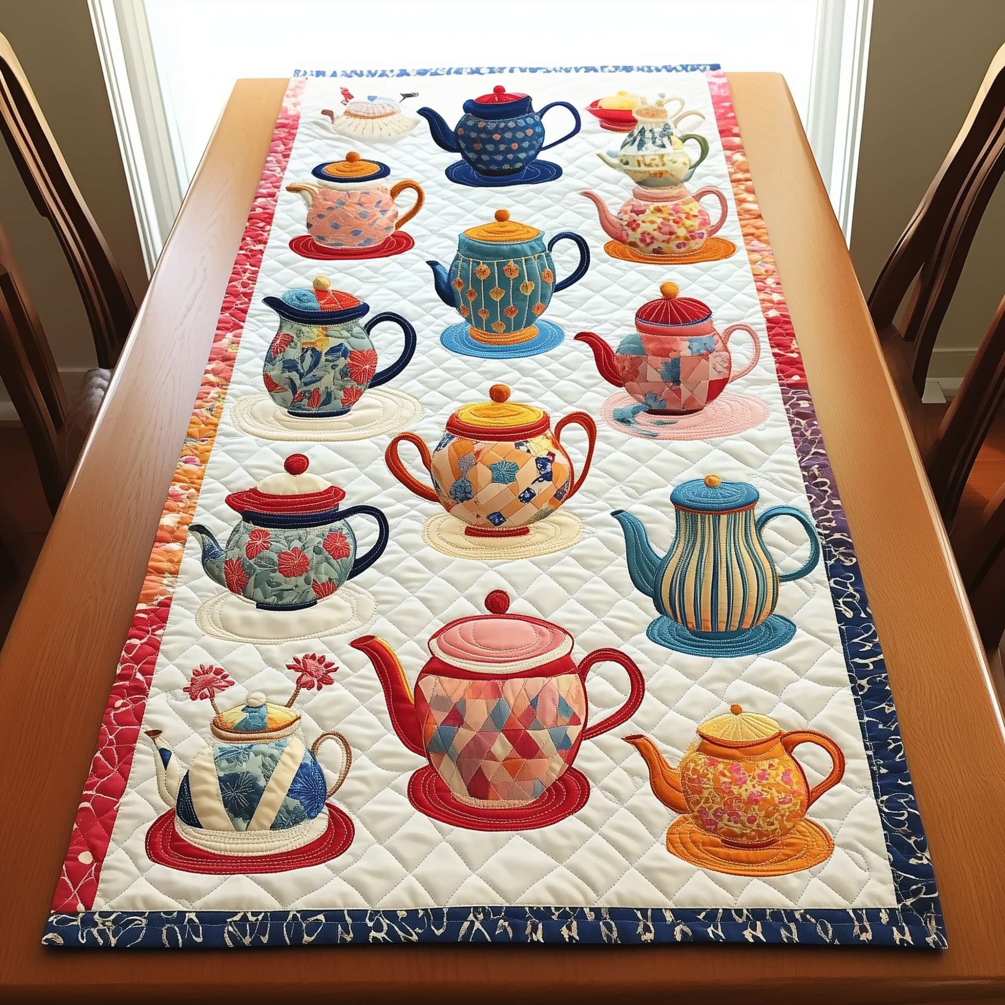 Colorful Teapot Quilted Table Runner Dining Room Decor Cool Gifts For Tea Lovers