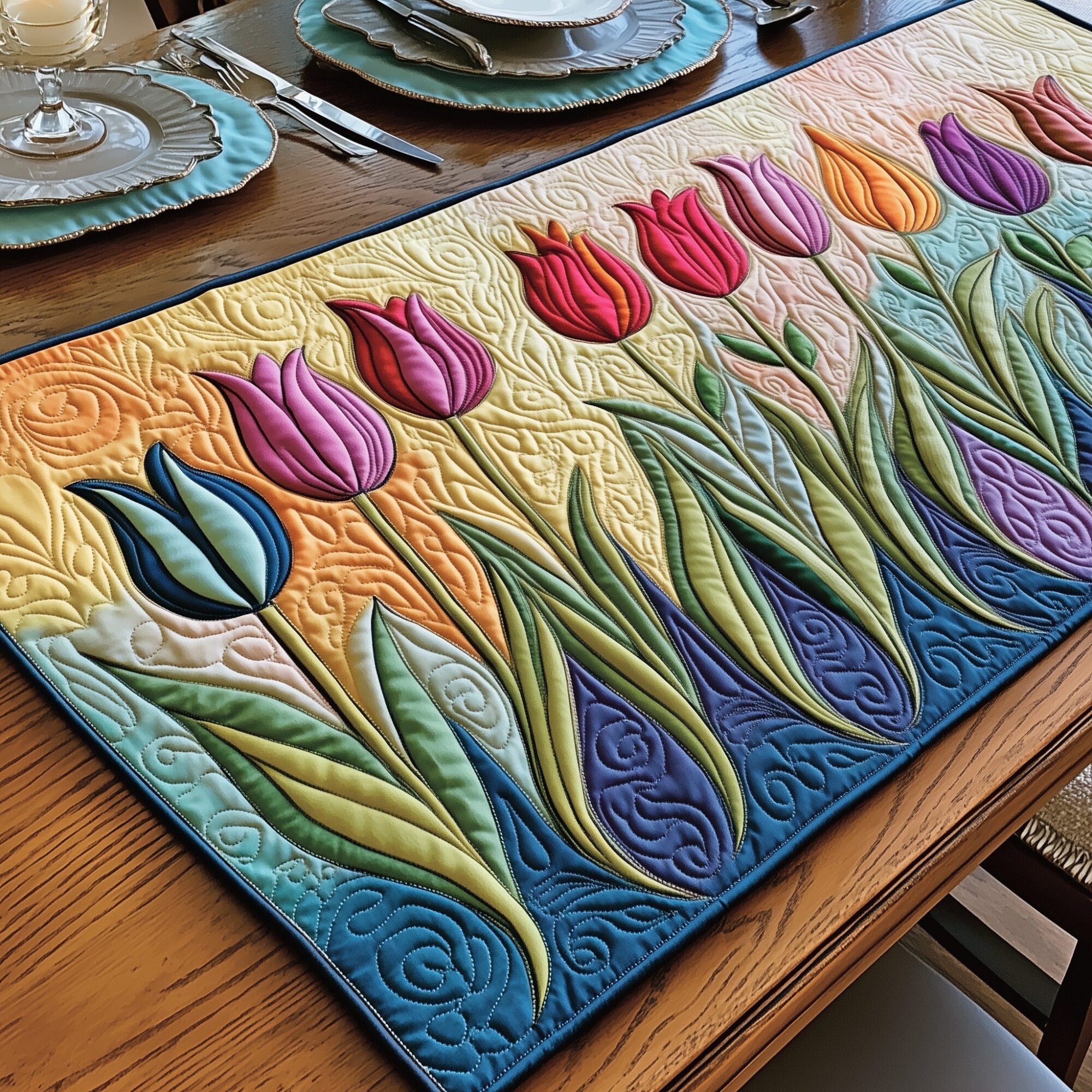 Colorful Tulip Quilted Table Runner Dining Room Table Decor Best Gifts For Mom