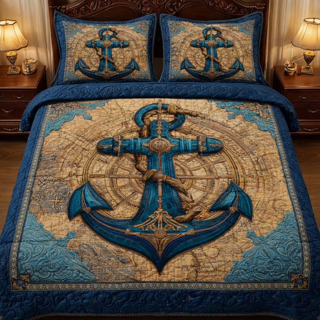 Compass Anchor Quilted Bedding Set Bedroom Decor Anchor Gifts For Her