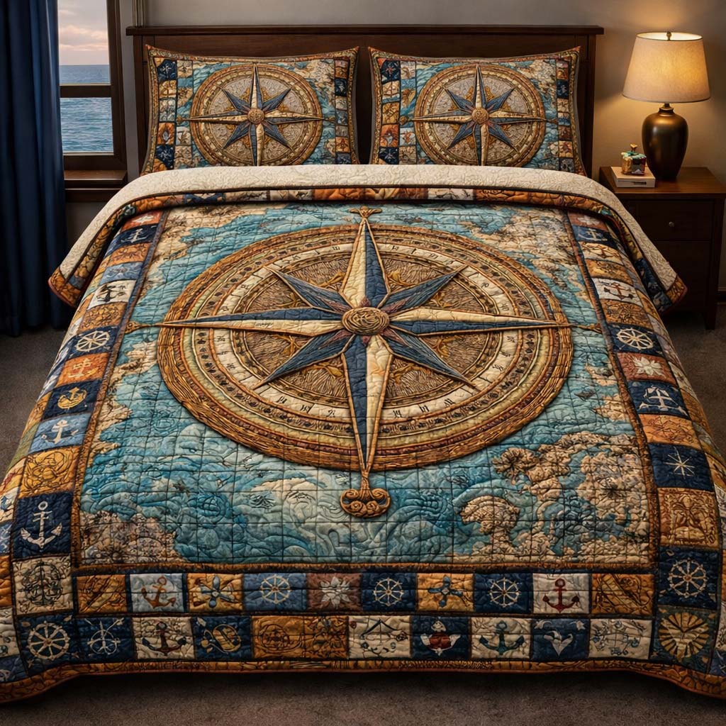 Compass Voyage Heritage Quilted Bedding Set Bedspreads Cool Beach Gifts