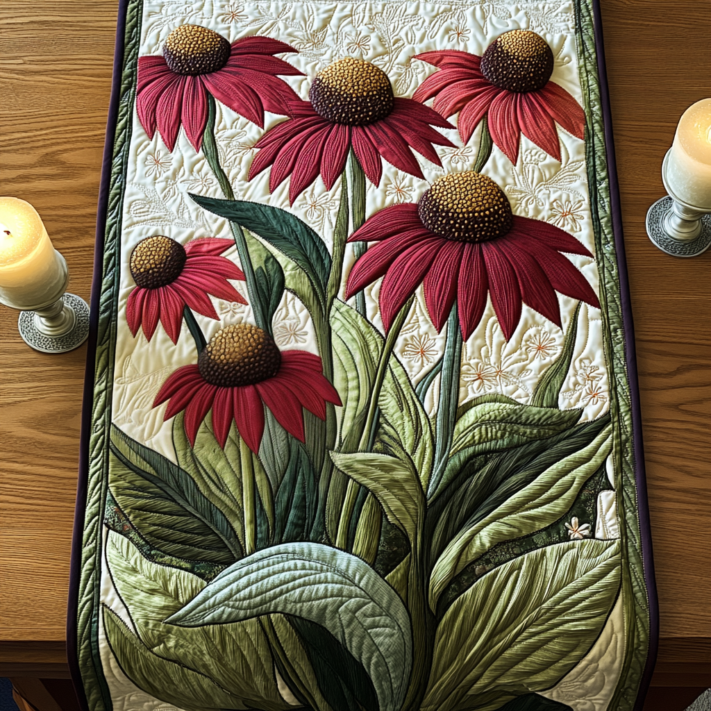 Coneflower Charm Quilted Table Runner Kitchen Table Decor Best Gifts For Flower Lovers