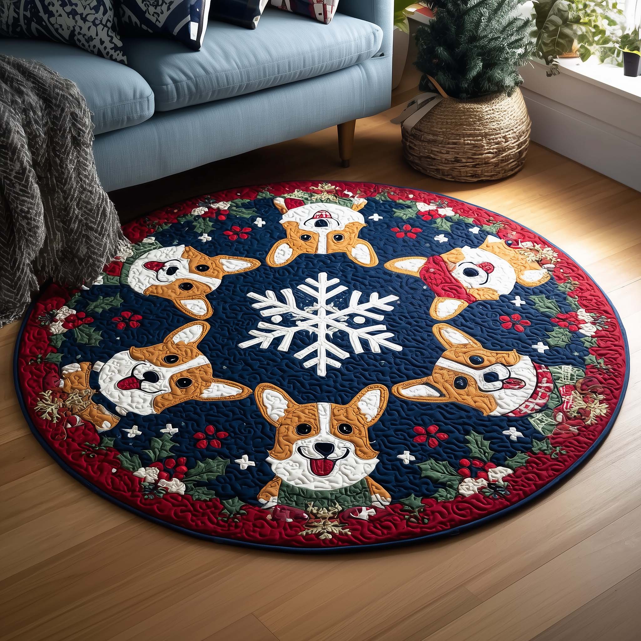 Corgi Charm Quilted Round Mat Decorative Quilted Round Mat for Elegant Spaces