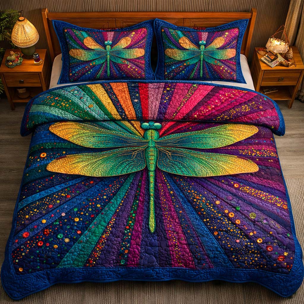 Cosmic Dragonfly Quilted Bedding Set Best Bedsheets Dragonfly Gifts For Him