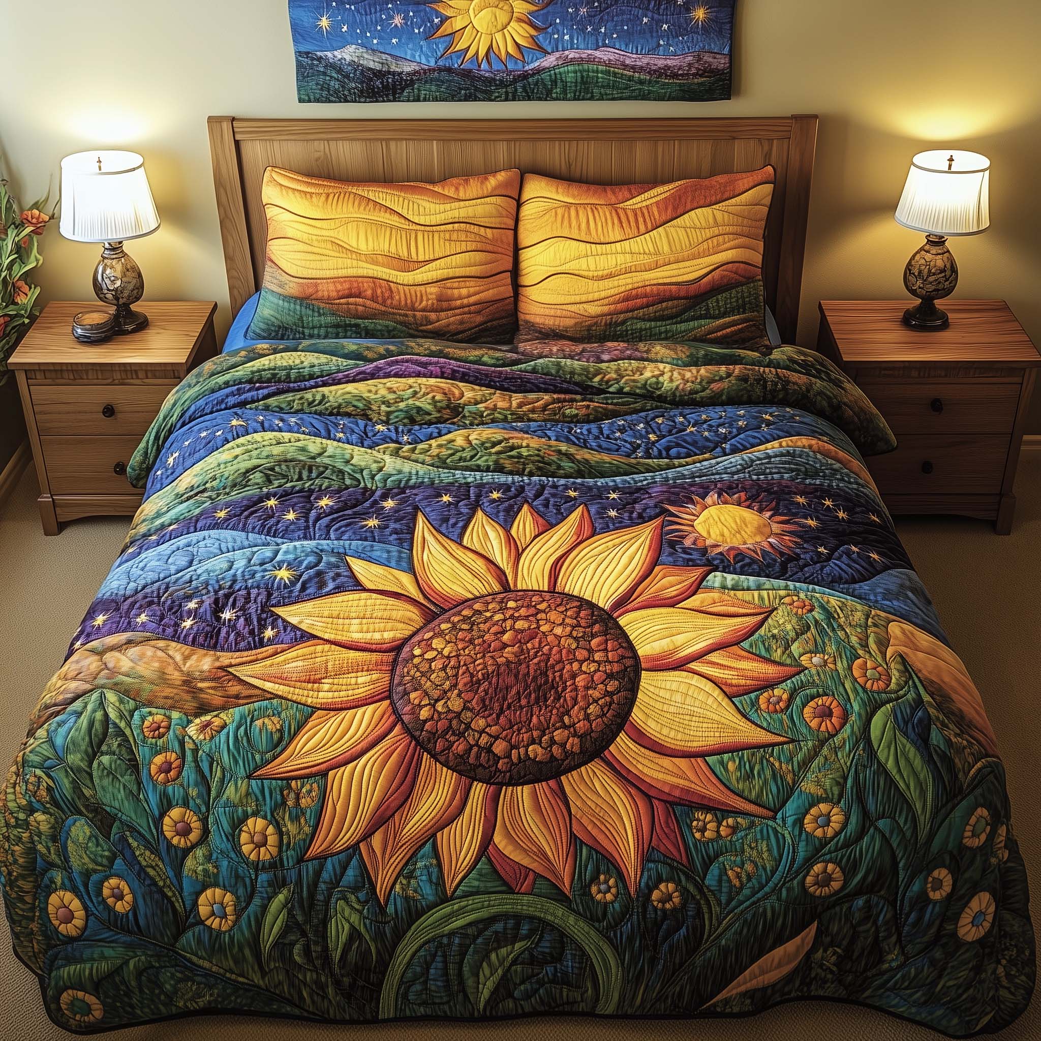 Cosmic Sunflower Quilted Bedding Set Good Bed Sheet Sets Sunflower Gift Items