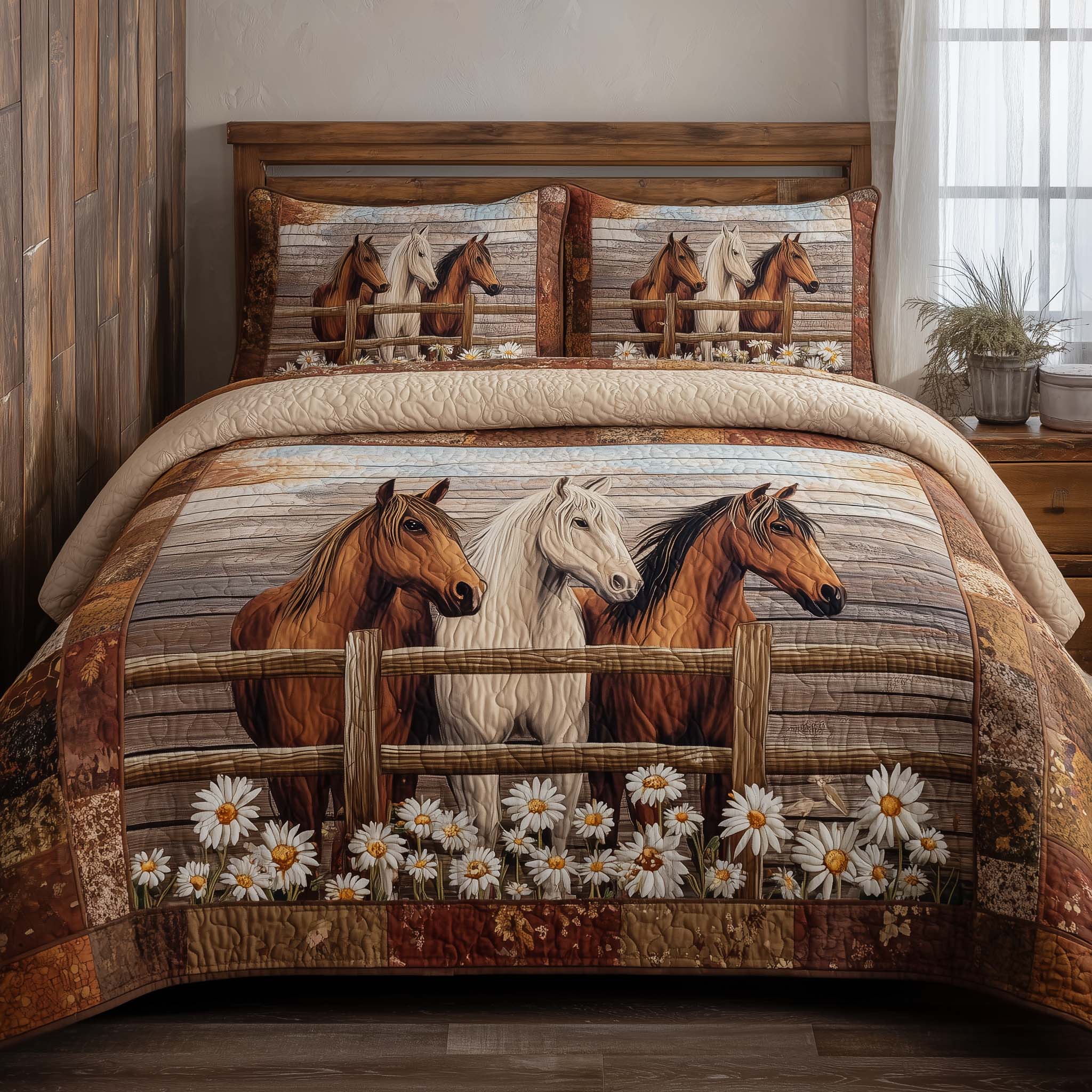 Country Fence Horses Quilted Bedding Set Boho Bedroom Ideas Good Gifts For Horse Lovers