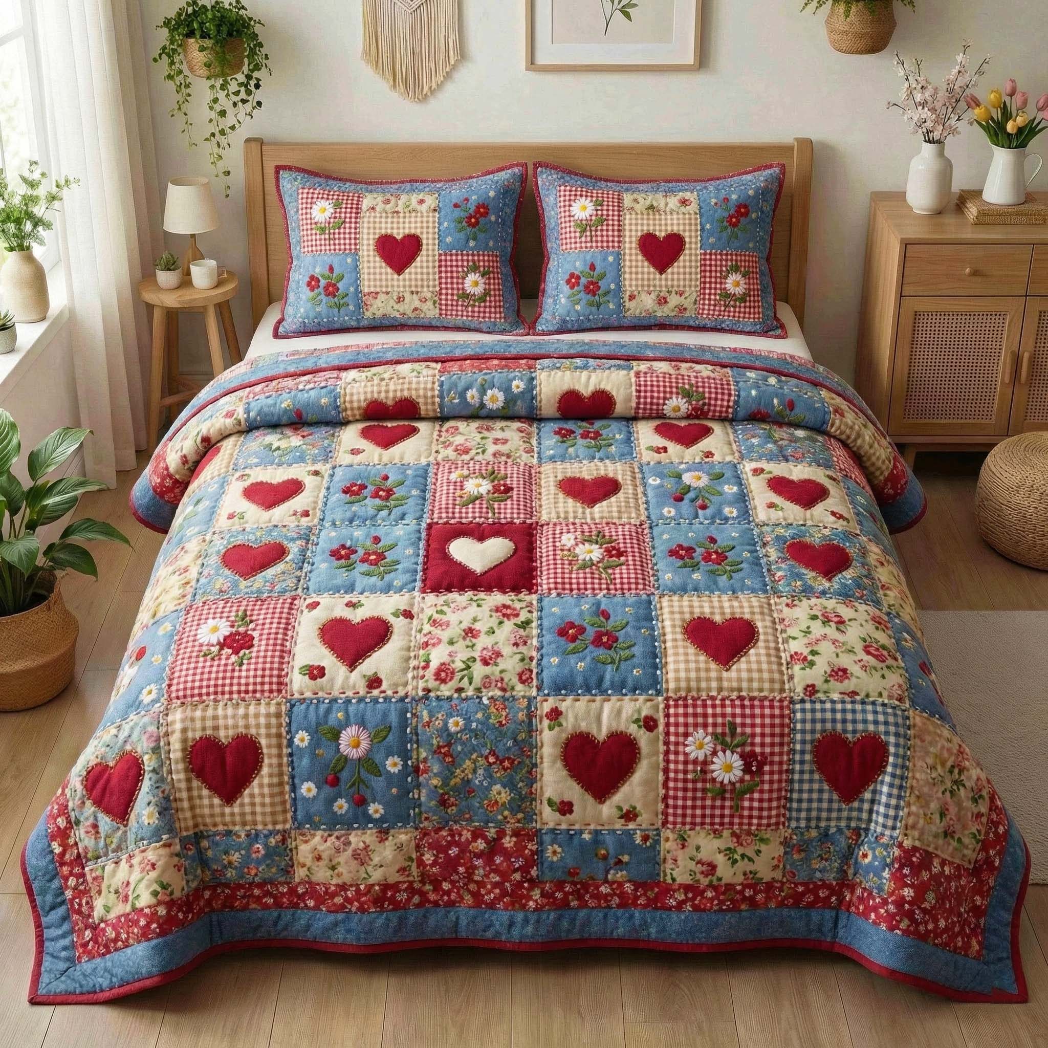 Country Hearts Quilted Bedding Set Best King Size Sheets Creative Mother's Day Gifts