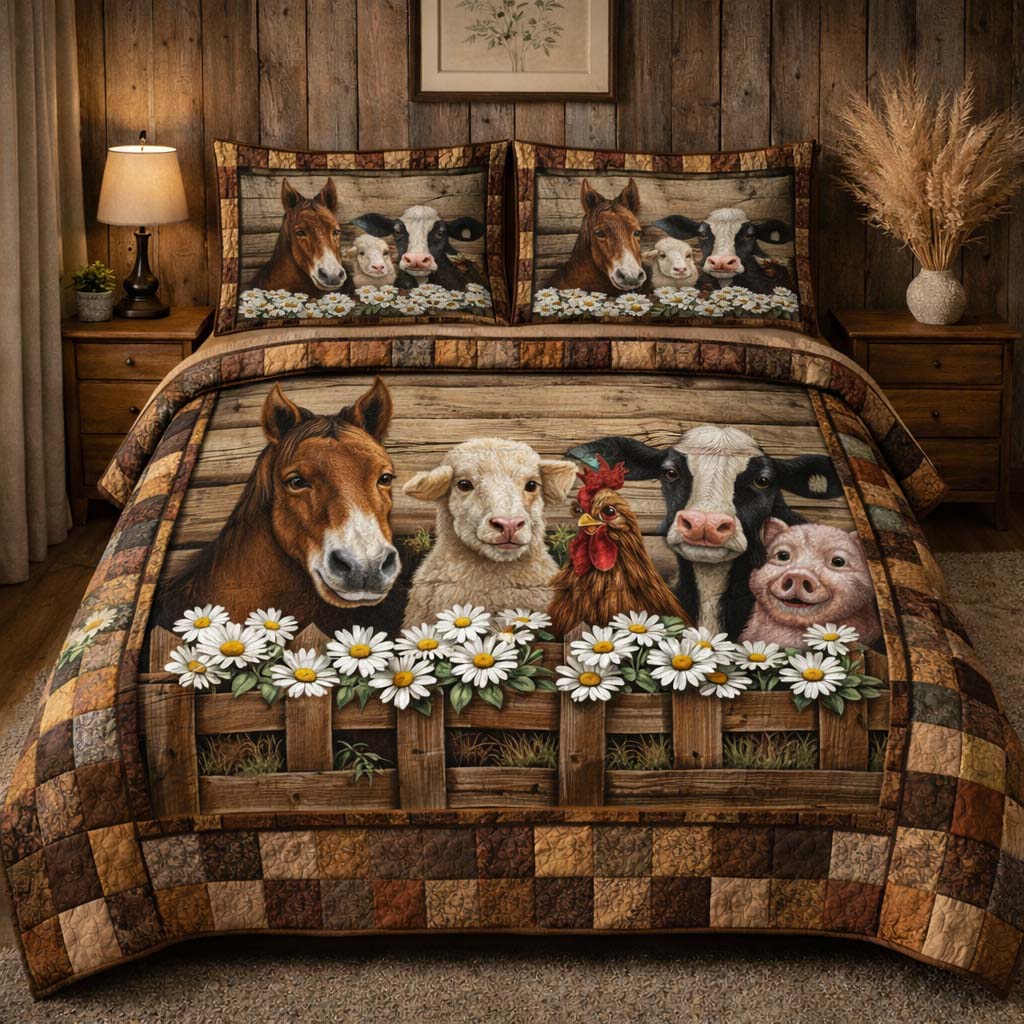 Country Meadow Friends Quilted Bedding Set Boho Bedroom Decor Unique Gifts For Farmers