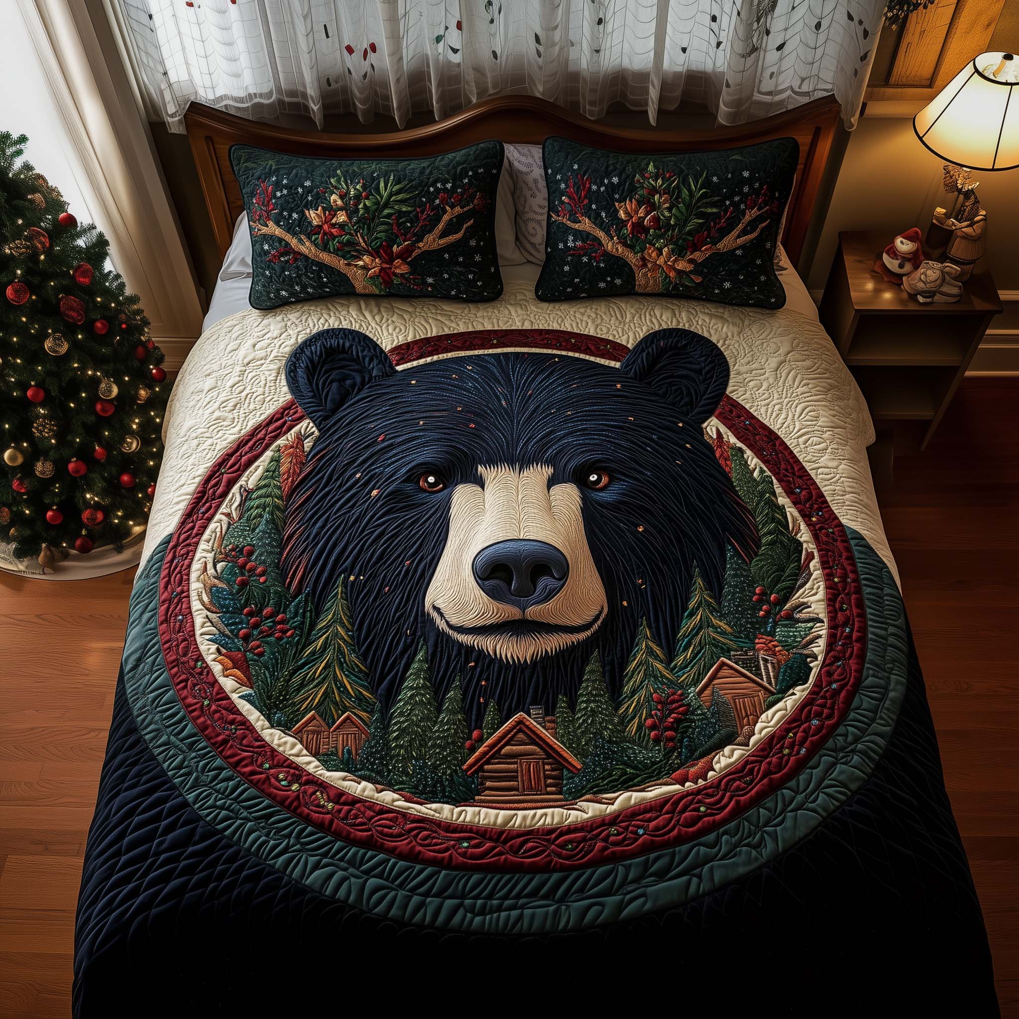 Cozy Cabin Quilted Bedding Set Christmas Room Decor Bear Gifts For Him Her