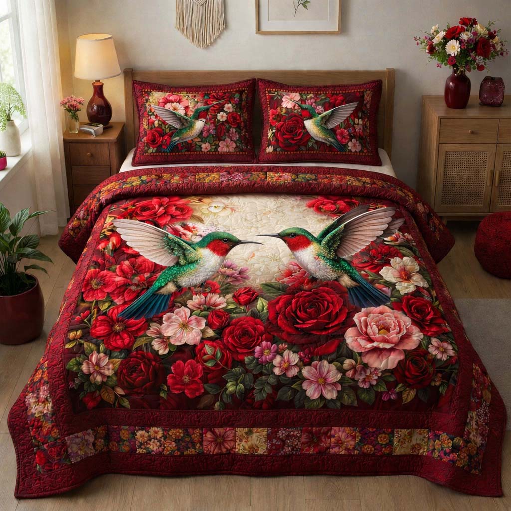 Crimson Rose Hummingbirds Quilted Bedding Set Best King Sheets Gifts For Hummingbird Watchers