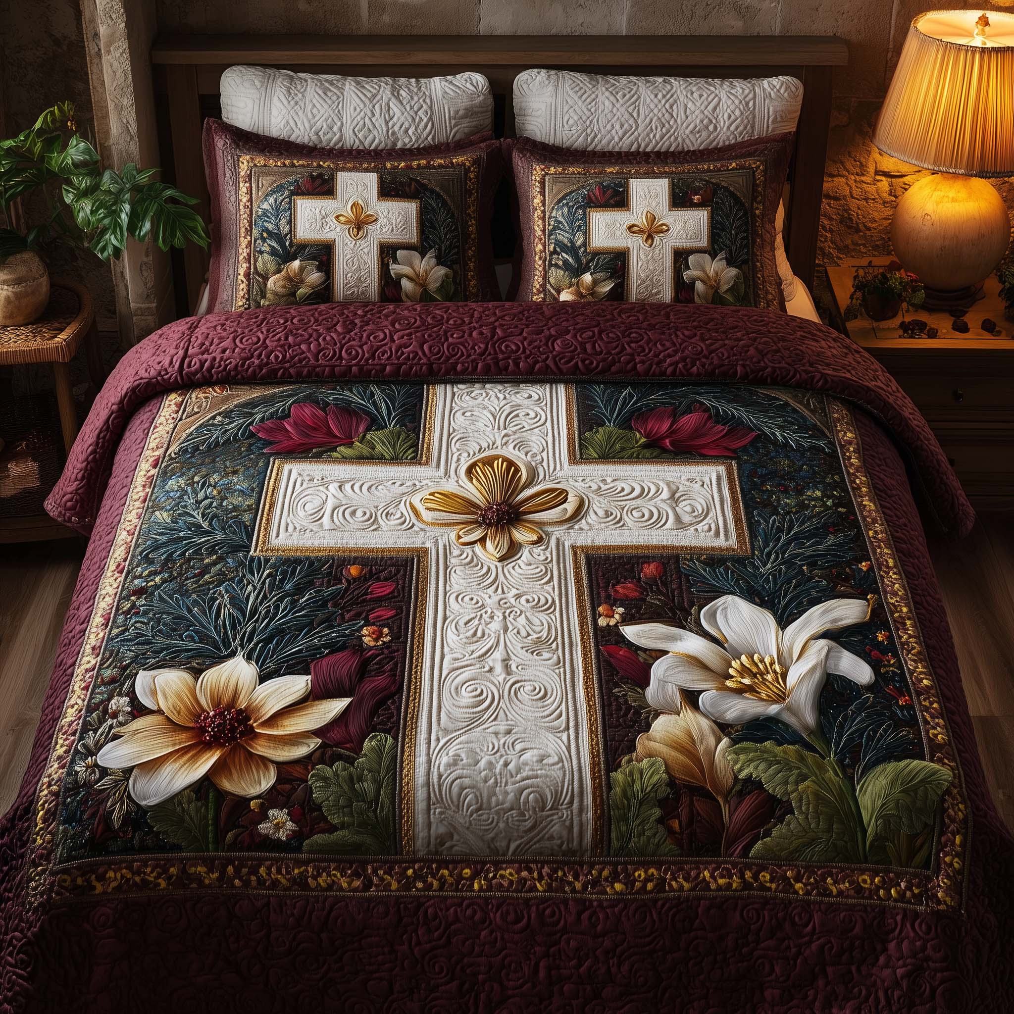 Cross Quilted Bedding Set Christmas Bedding Queen Jesus Gifts For Christmas