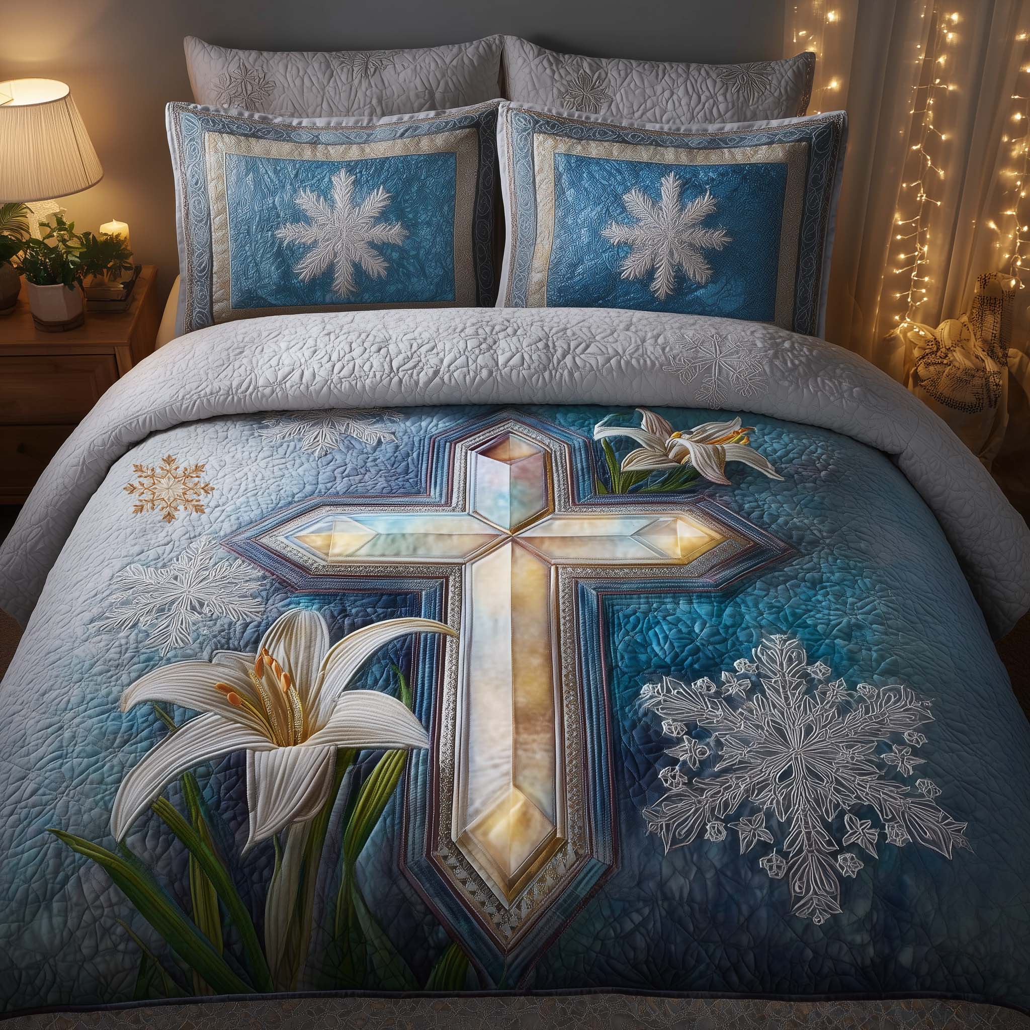 Cross Quilted Bedding Set Christmas Comforter Queen Christian Birthday Gifts