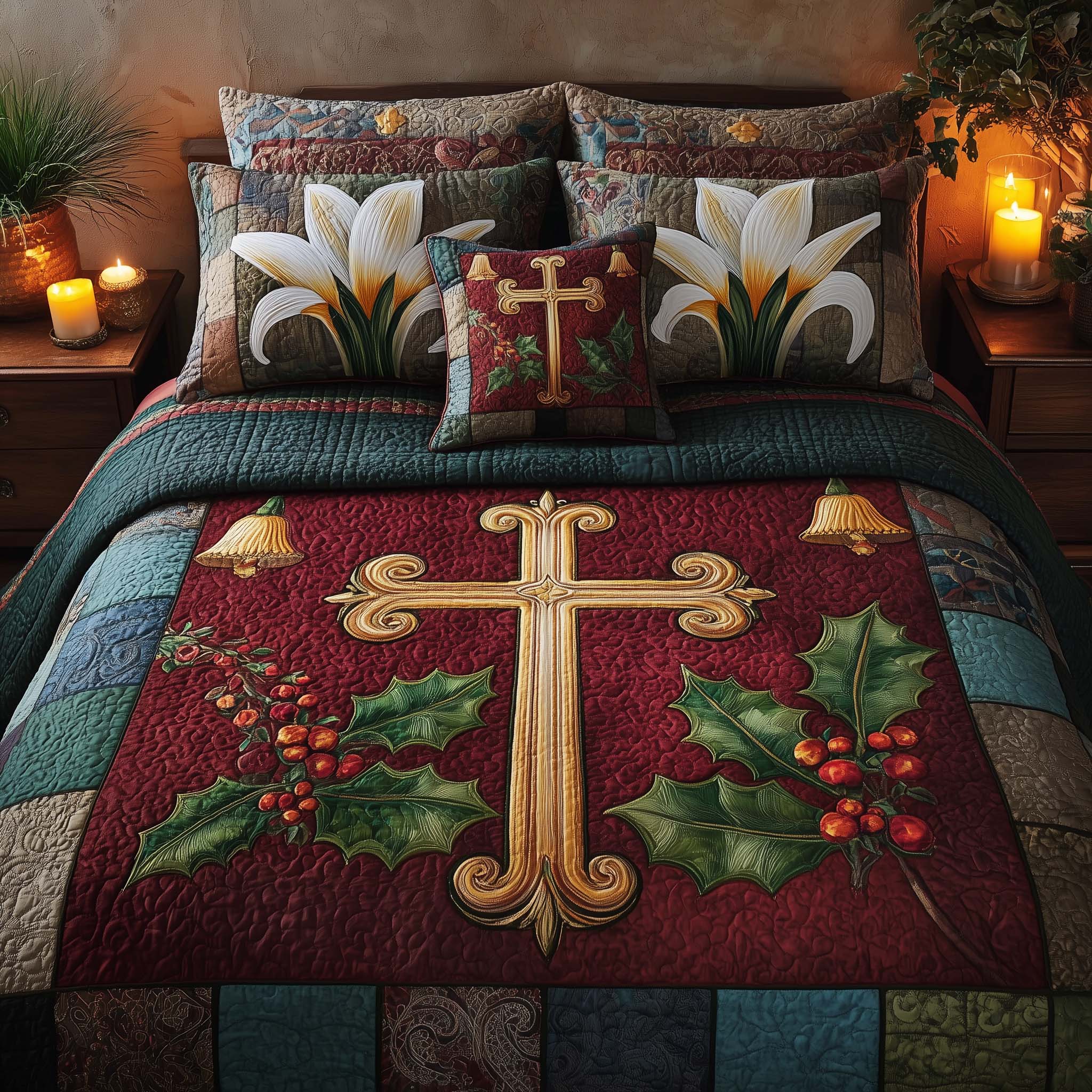 Cross Quilted Bedding Set Christmas Comforter Set King Religious Gifts For Mom