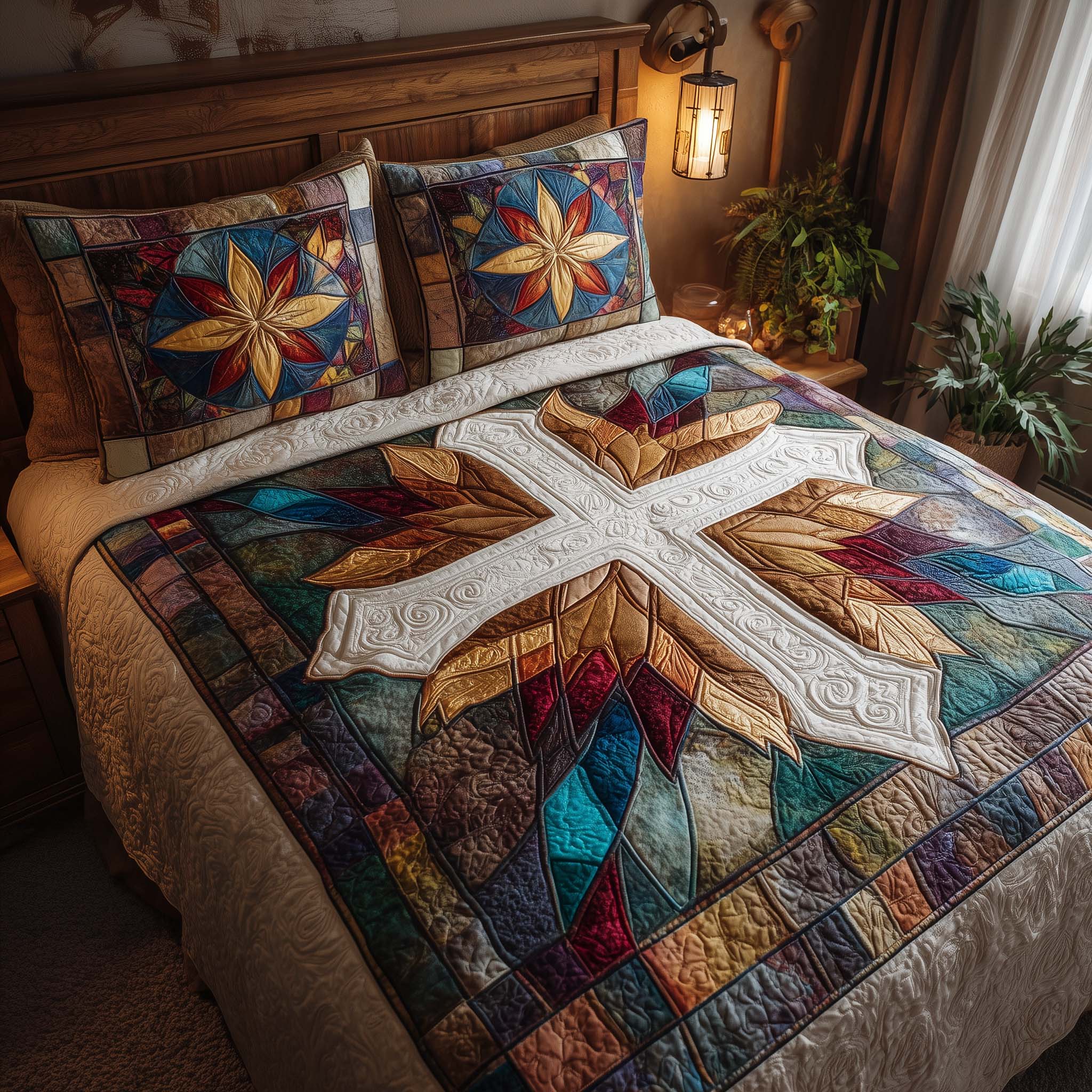 Cross Quilted Bedding Set Christmas Duvet Cover Queen Religious Fathers Day Gifts