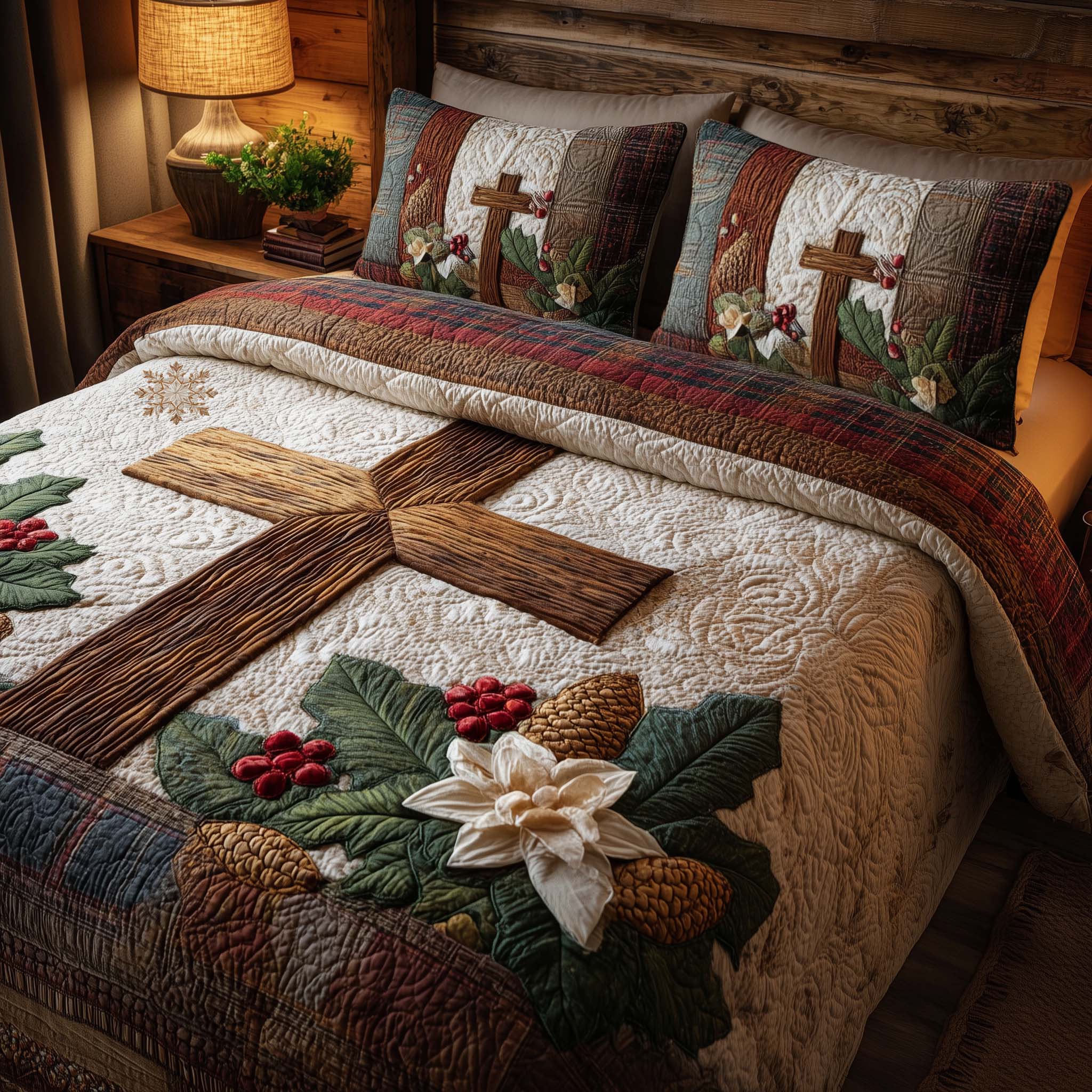 Cross Quilted Bedding Set Xmas Comforters Christian Men'S Gifts Ideas
