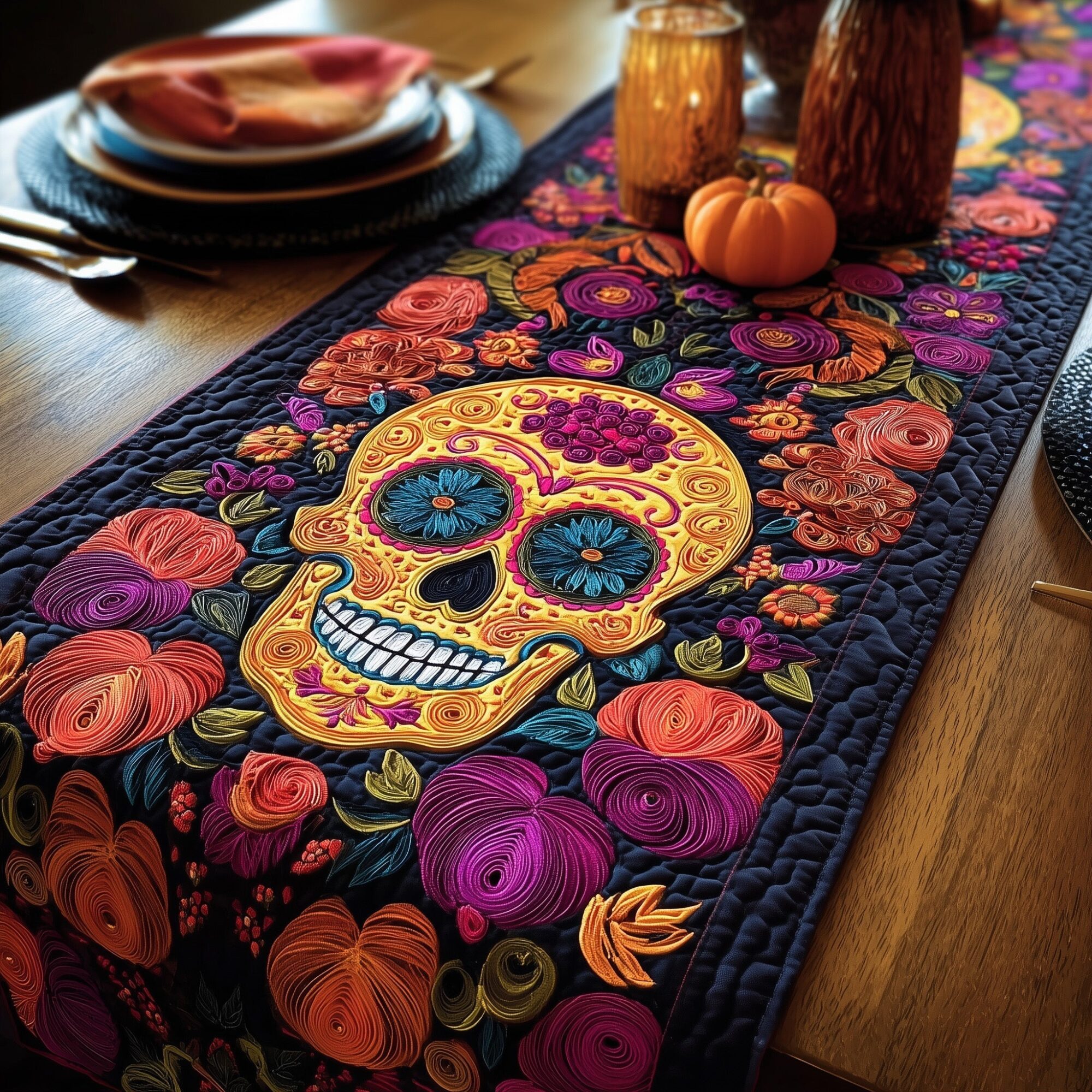 D'a De Muertos Quilted Table Runner Dining Room Decor Dia De Los Muertos Gift Ideas
