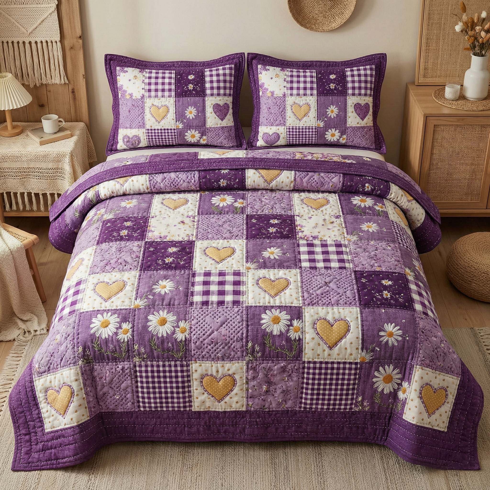 Daisy Hearts Quilted Bedding Set Best King Bed Sheets Last Minute Mother's Day Gifts