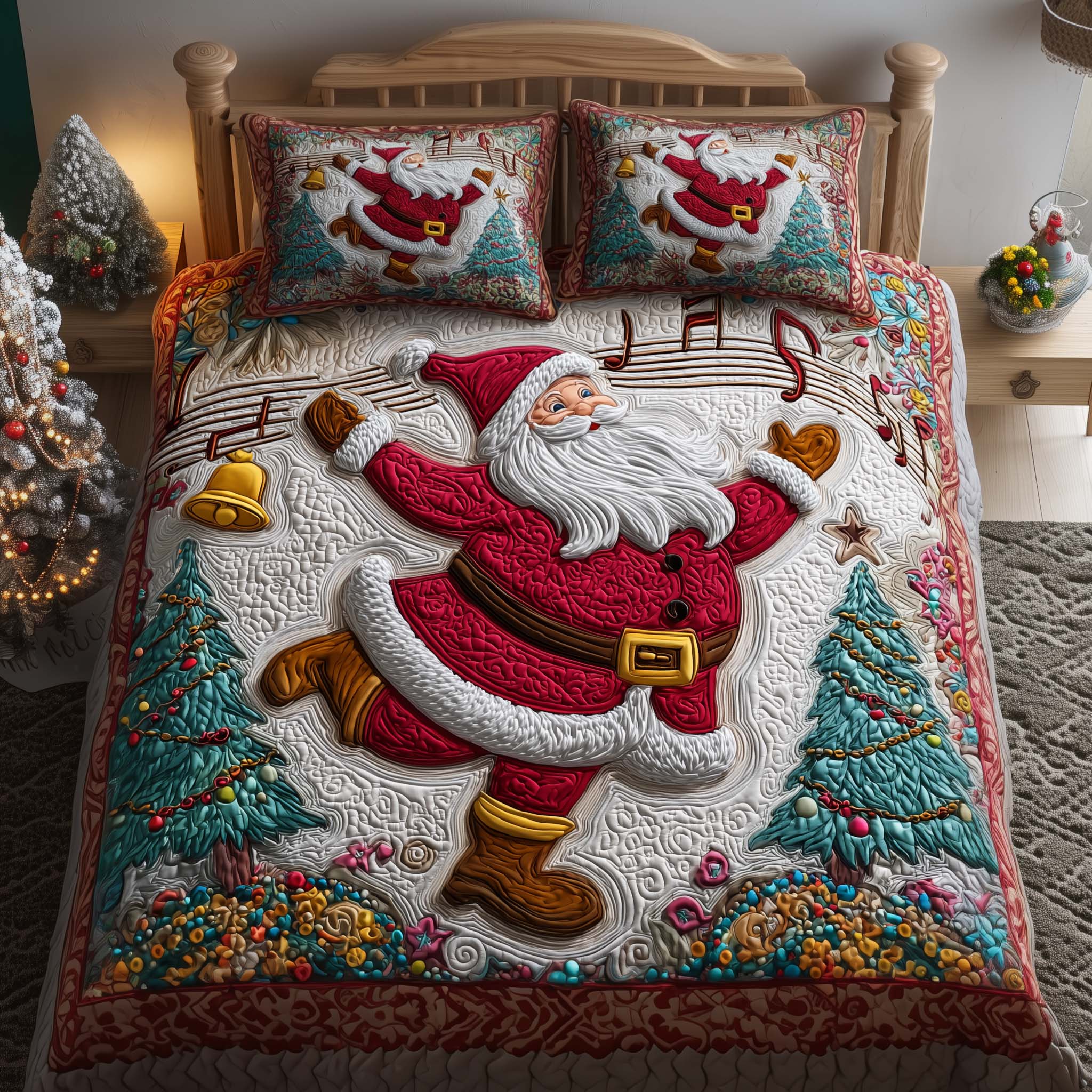 Dancing Santa Quilted Bedding Set Cozy Christmas Bedrooms Secret Santa Gift Ideas
