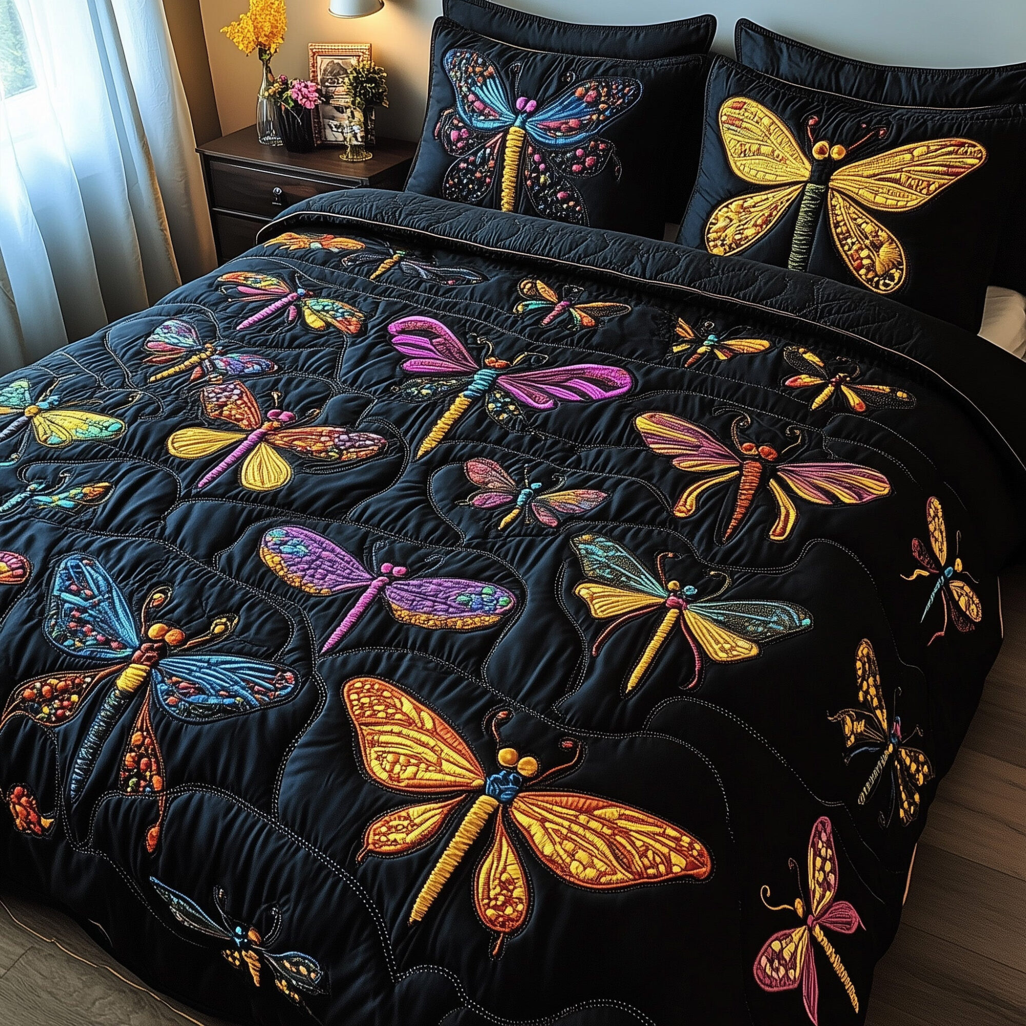 Dancing Wings Quilted Bedding Set Dragonfly Illustration Elegant Nature Bedding Decor