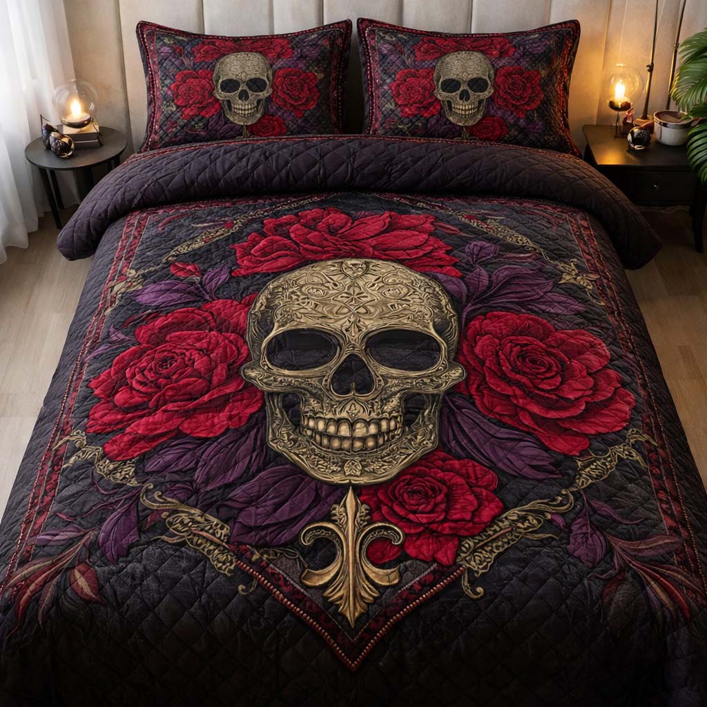 Dark Bloom Quilted Bedding Set Unique Bed Sheet Set Unique Skull Gifts