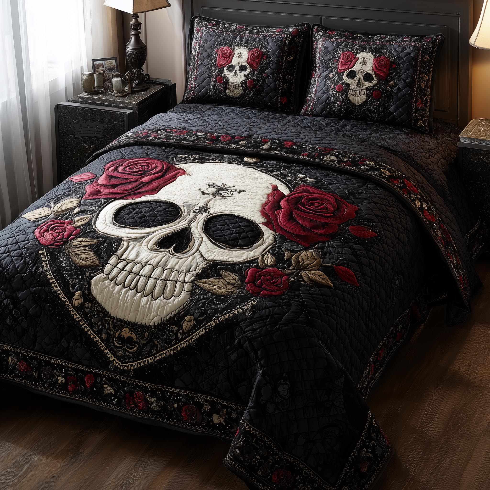 Dark Romance Quilted Bedding Set Unusual Bed Sheets Skull Gifts For Women