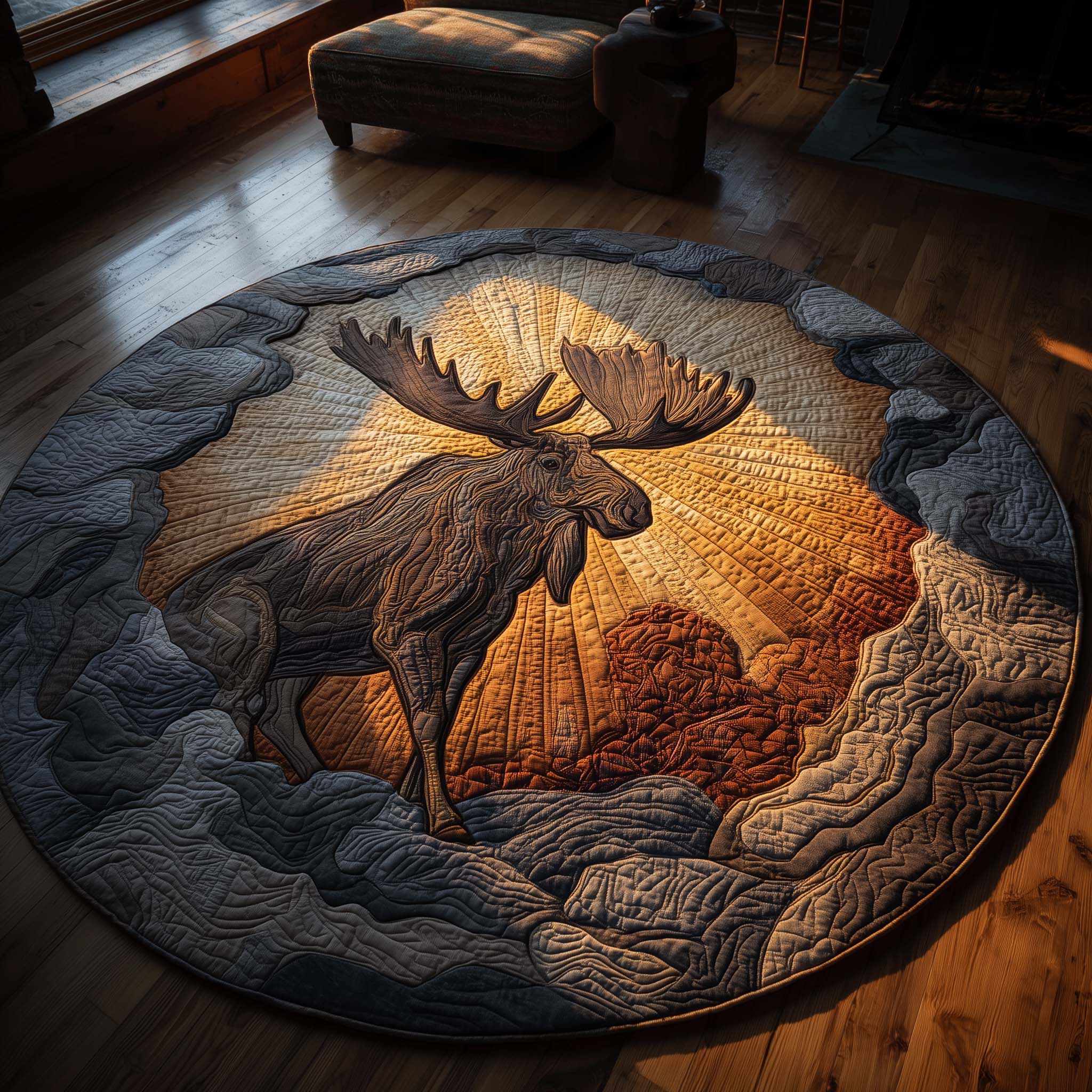 Dawn Spirit Moose Quilted Round Mat Eco-Friendly Quilted Round Mat for Sustainable Living
