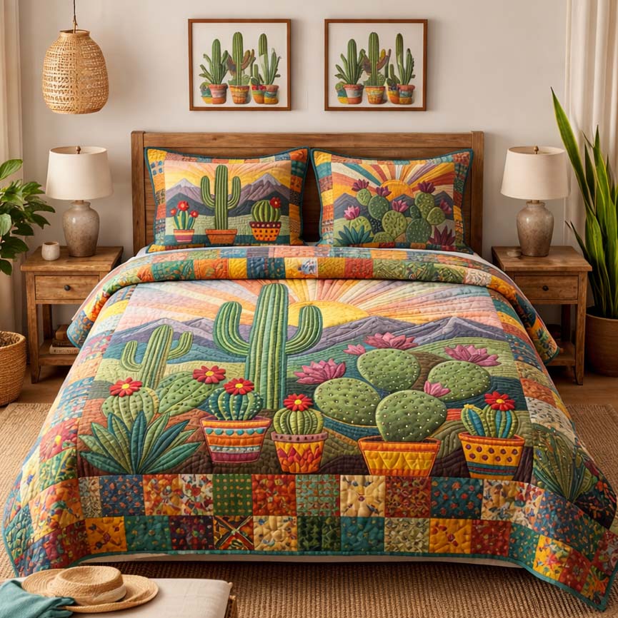 Desert Bloom Cactus Quilted Bedding Set Boho Bedroom Decor Best Father's Day Gifts For First Time Dad