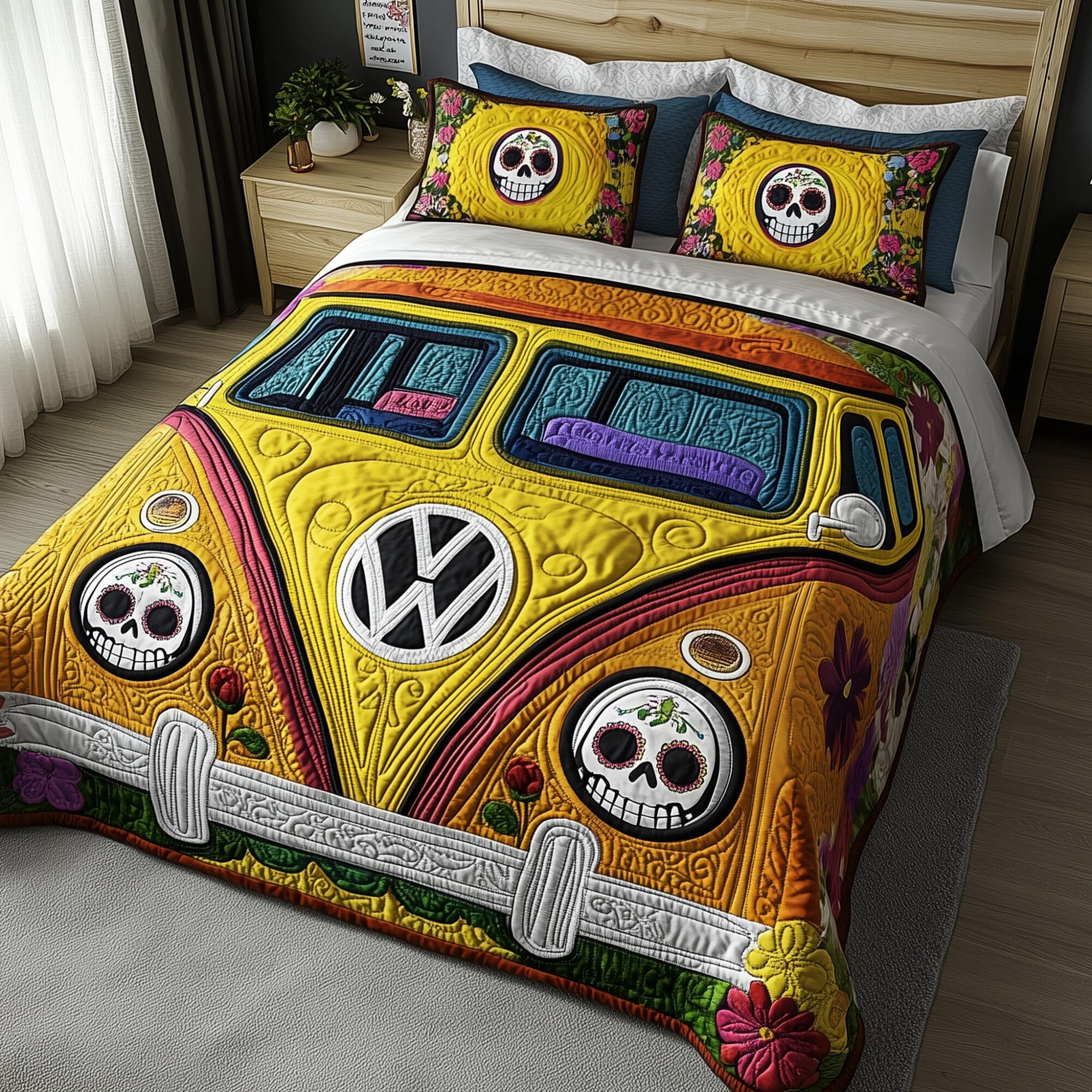 Dia De Los Muertos Camper Quilted Bedding Set Mexican Hippie Van Festival Bedding Decor Gifts