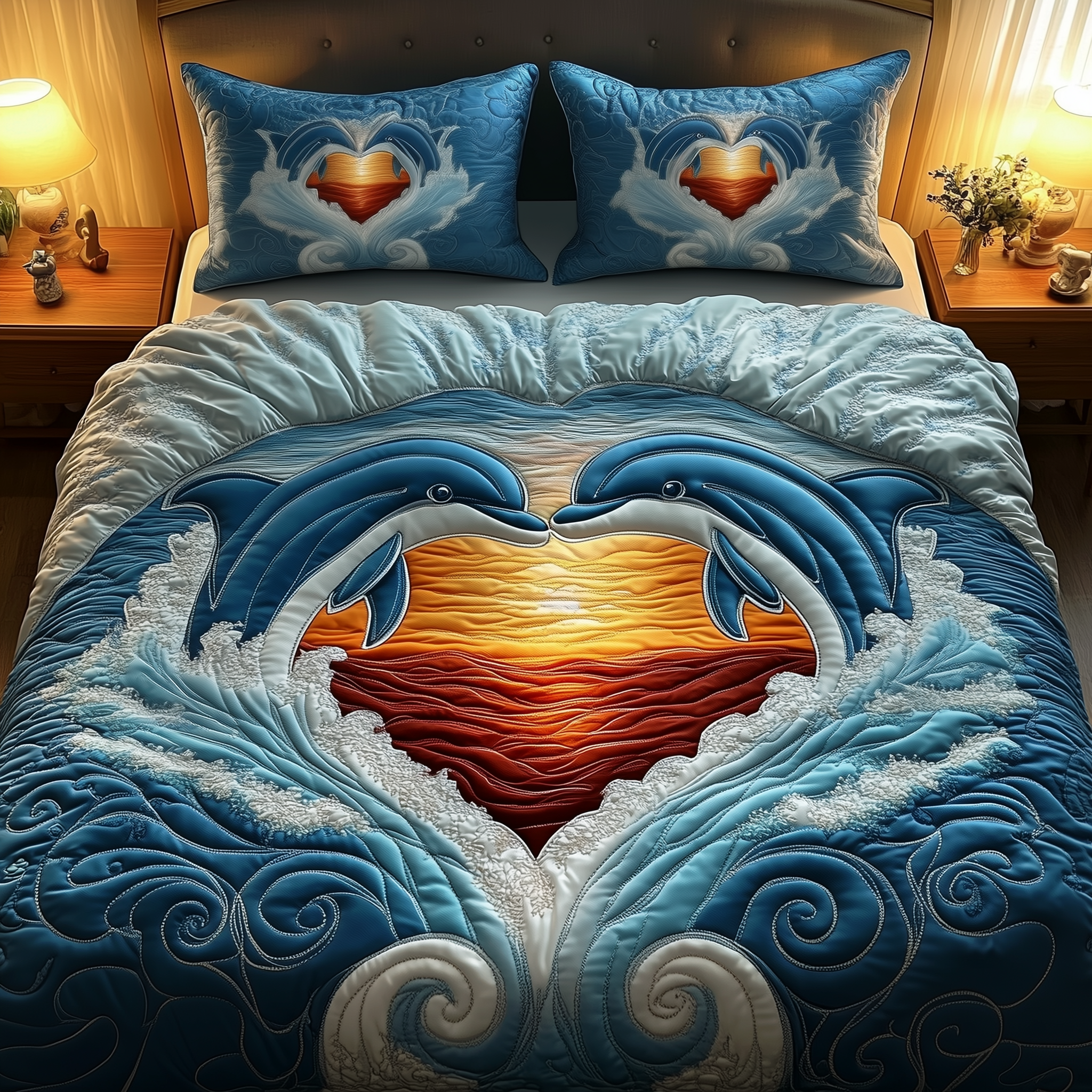 Dolphin Couple Quilted Bedding Set Bedroom Room Decor Gift Ideas For Couples