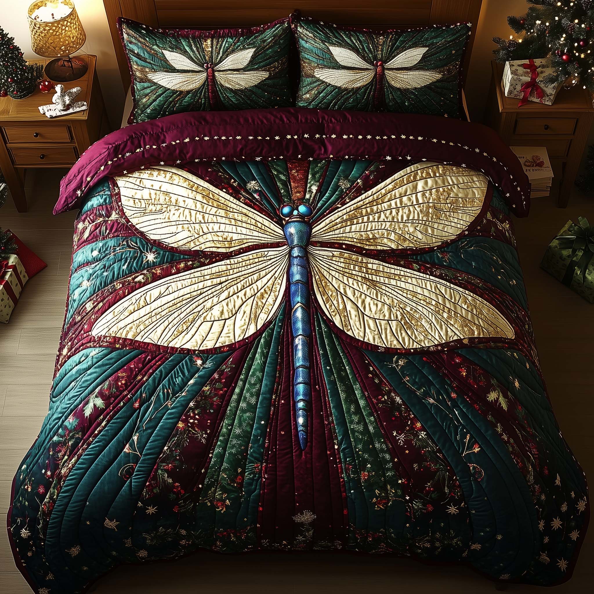 Dragonfly Quilted Bedding Set Bed Room Art Dragonfly Lover Gifts For Women