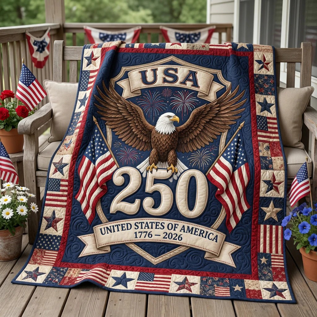 Eagle America 250 Years 1776 2026 Quilted Blanket Patriotic Home Decor Gifts For Mothers Day