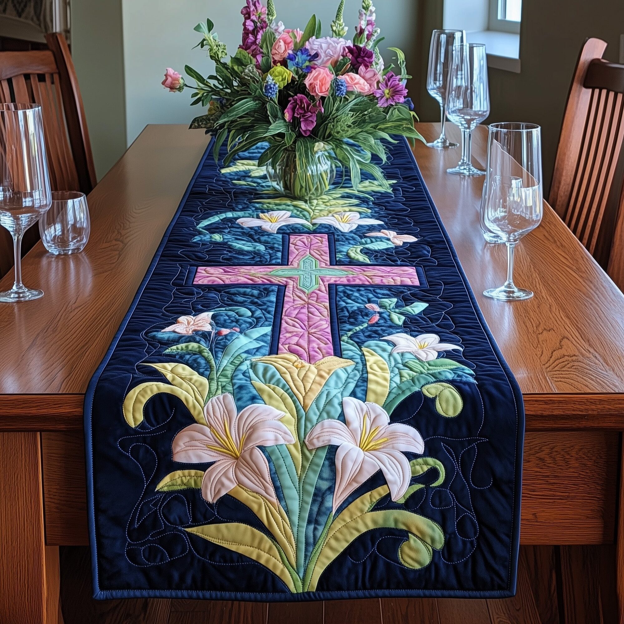 Easter Serenity Quilted Table Runner Long Dining Table Runner Happy Easter Gift Ideas