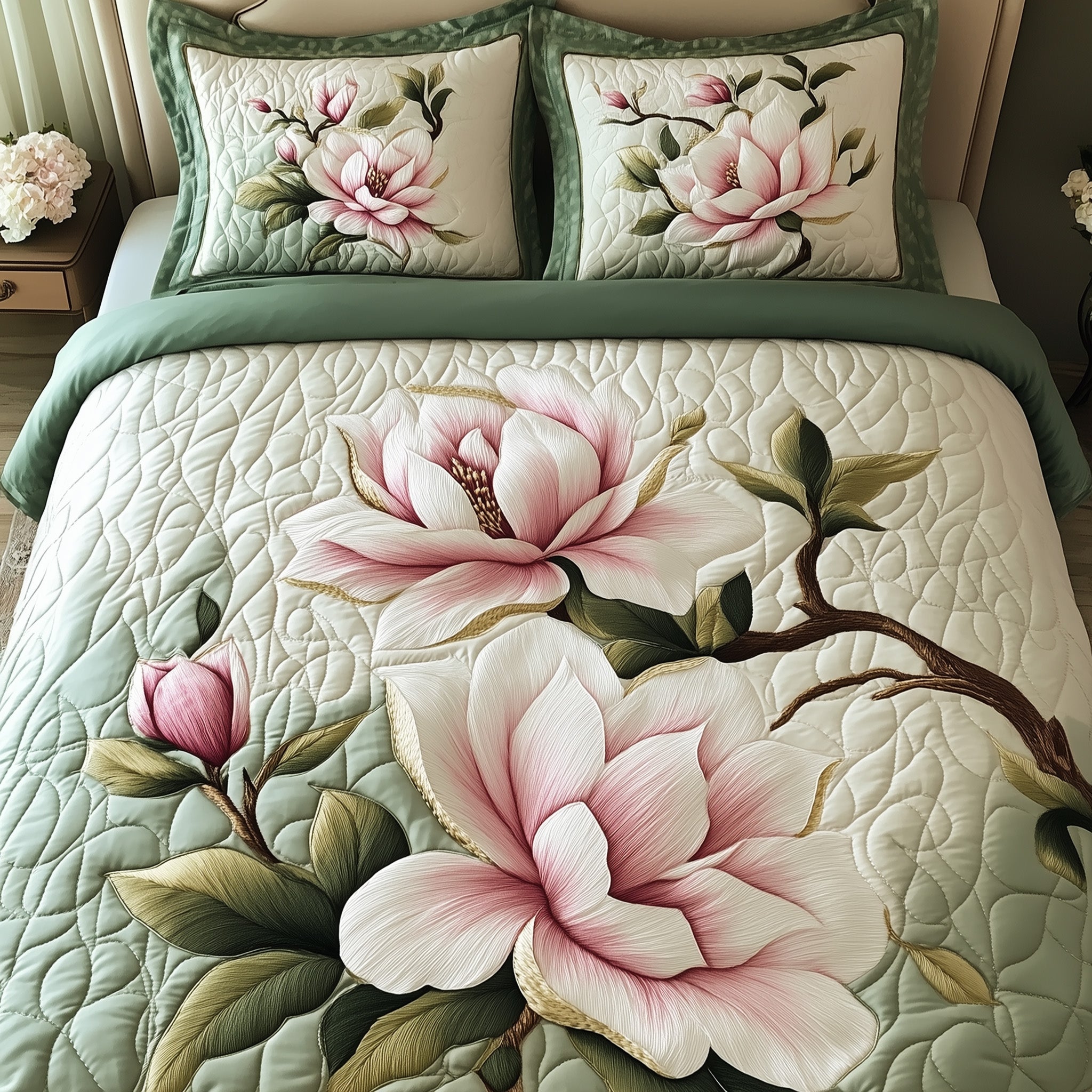 Elegant Blooming Magnolia Quilted Bedding Set Bedspread Quilts 1St Mothers Day Gifts