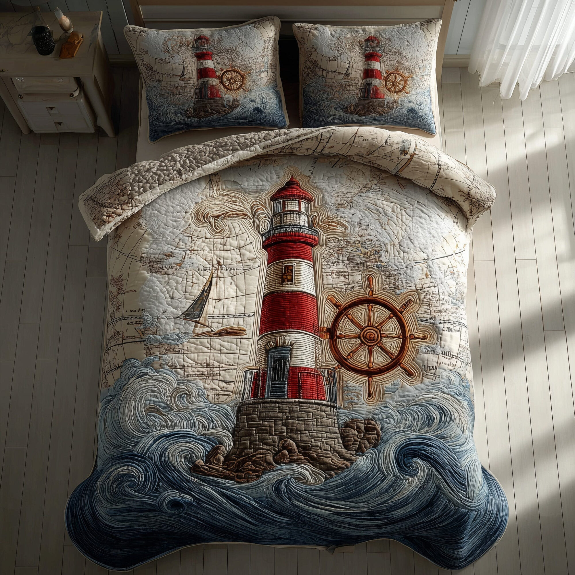 Elegant Lighthouse Quilted Bedding Set Nautical Decor Unique Lighthouse Decor Bedding Gifts