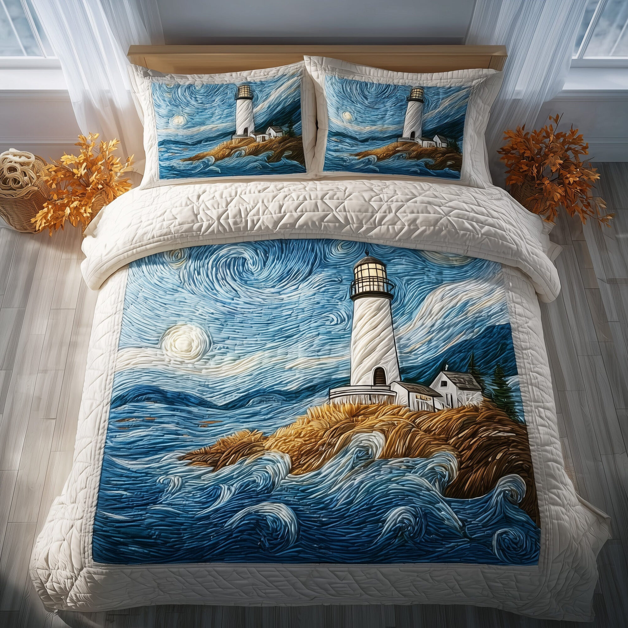 Elegant Lighthouse Quilted Bedding Set Seaside View Best Ocean Decor Bedding Gifts