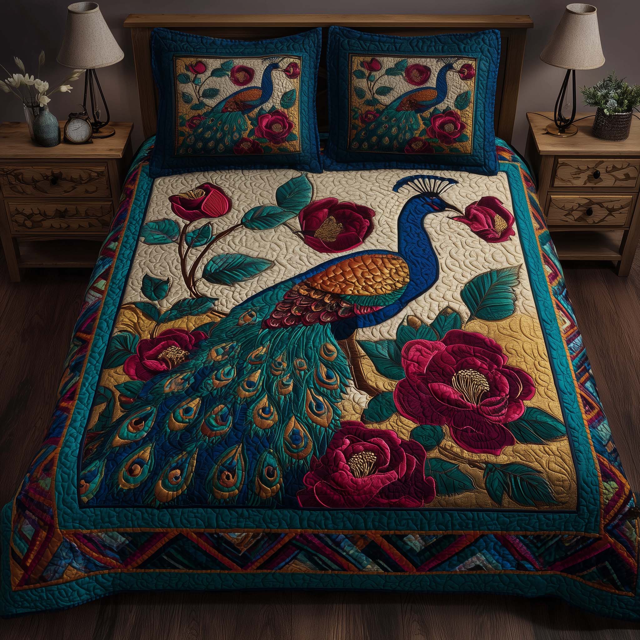 Elegant Peacock Quilted Bedding Set Best Bedsheets Mardi Gras Gifts For Men