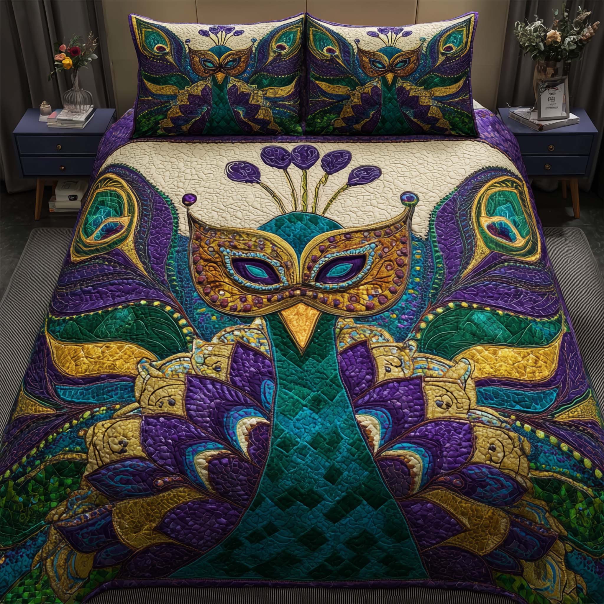 Elegant Peacock Quilted Bedding Set Boho Bedroom Furniture Mardi Gras Gifts Merchandise