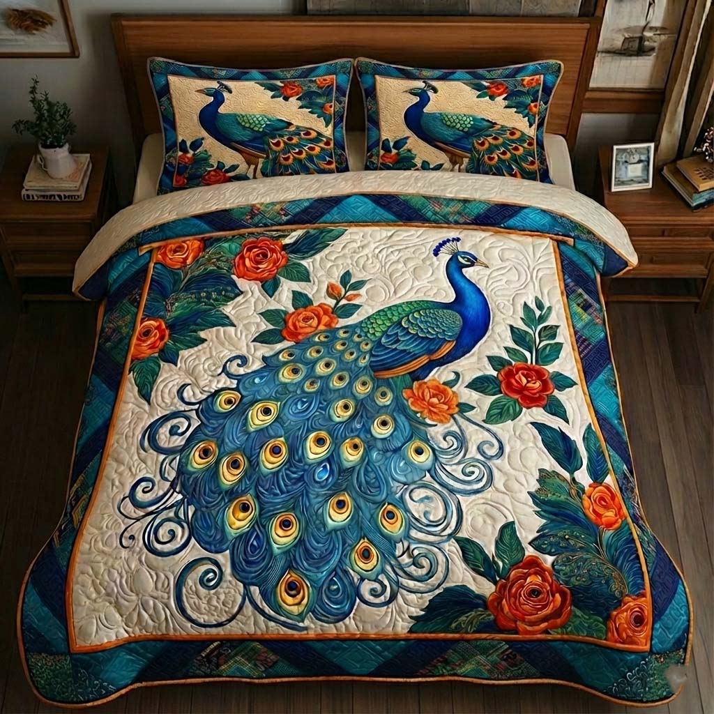 Elegant Peacock Quilted Bedding Set Comforter And Sheet Sets Mardi Gras King And Queen Gifts
