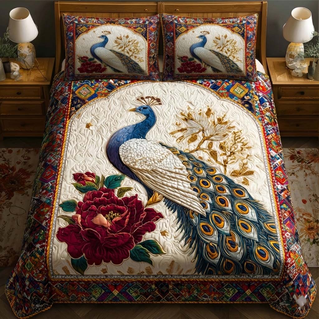 Elegant Peacock Quilted Bedding Set Comforter Sets Mardi Gras King Gifts