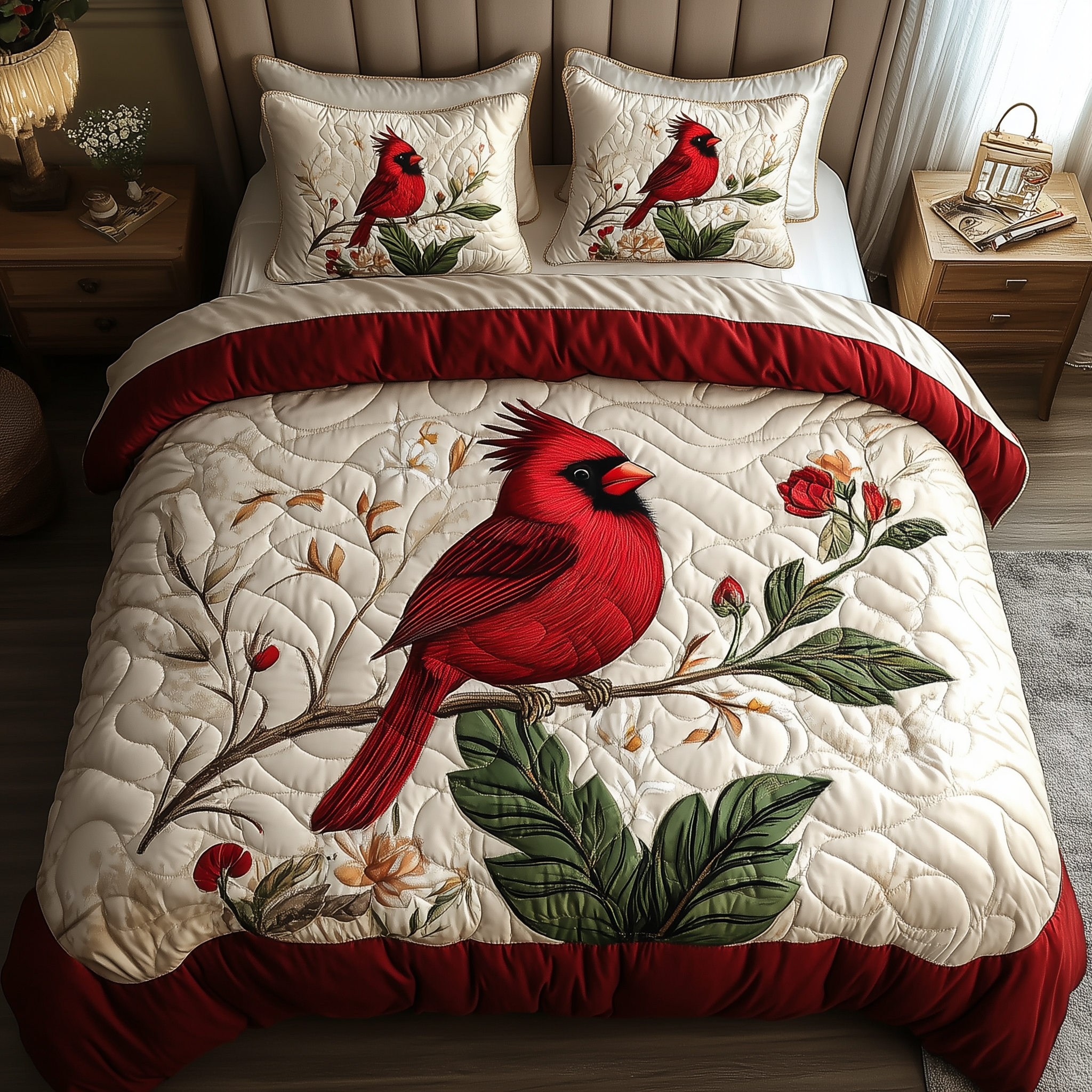 Elegant Red Cardinal Quilted Bedding Set Bedroom Decor Cardinal Christmas Gifts