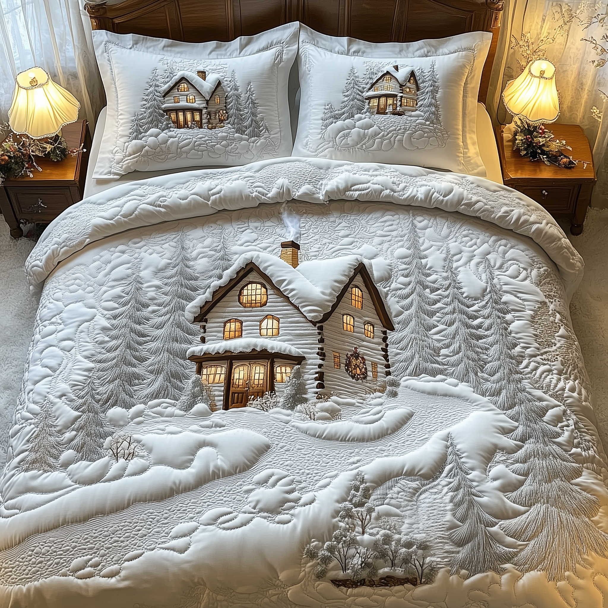 Elegant White Christmas Cabin Quilted Bedding Set Christmas Bedding Queen Christmas Gift Ideas For Him