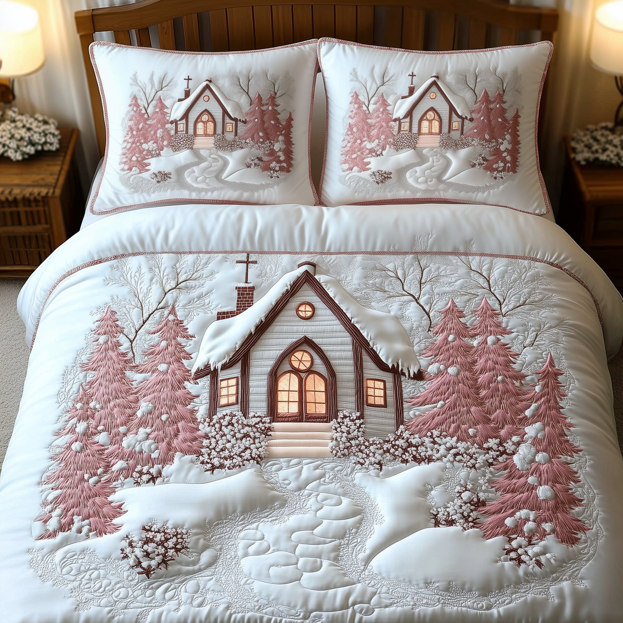 Elegant White Christmas Cabin Quilted Bedding Set Christmas Room Ideas Christmas Gifts For My Wife